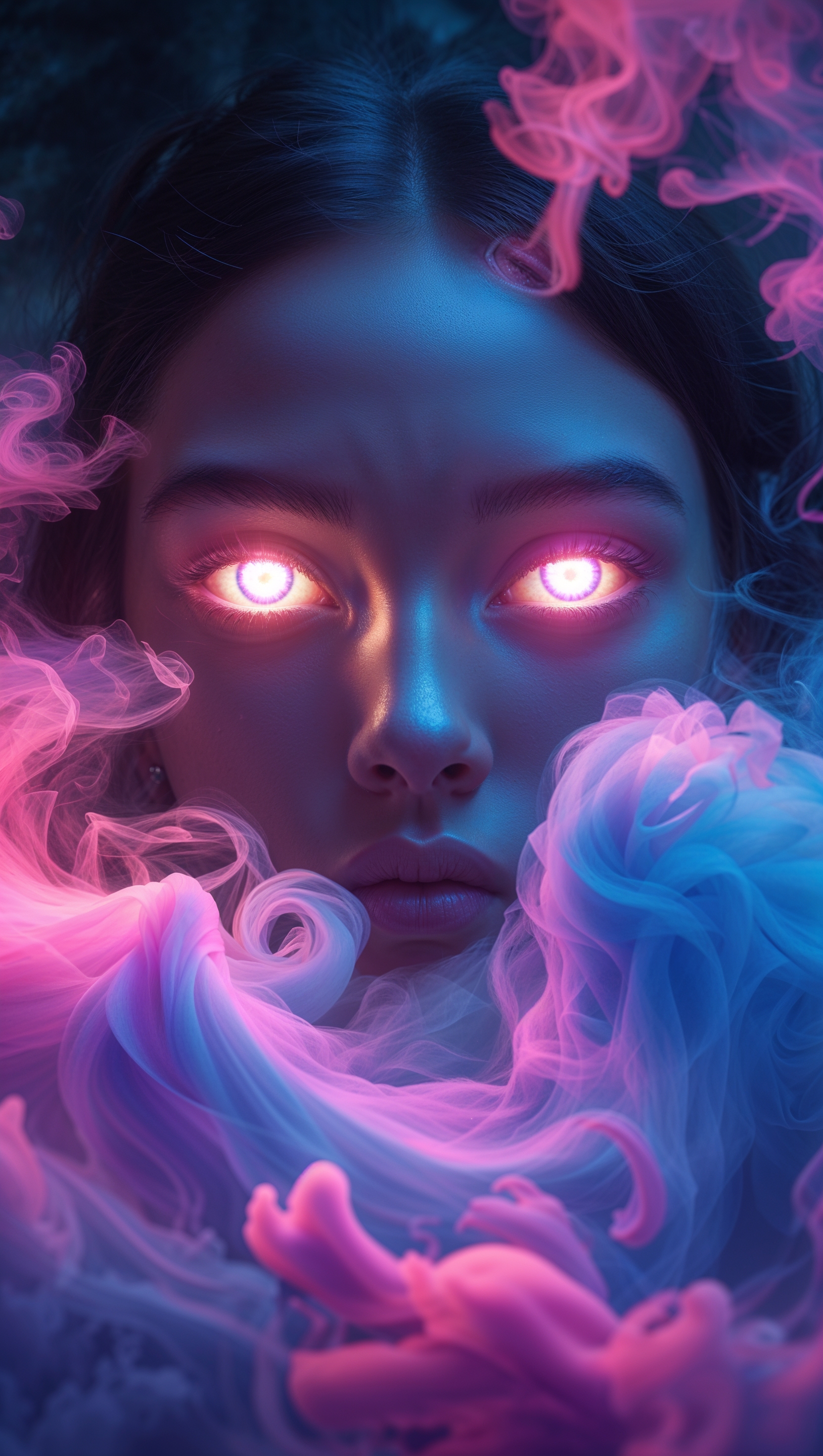 iPhone wallpaper with colorful fog and glowing eyes in dark