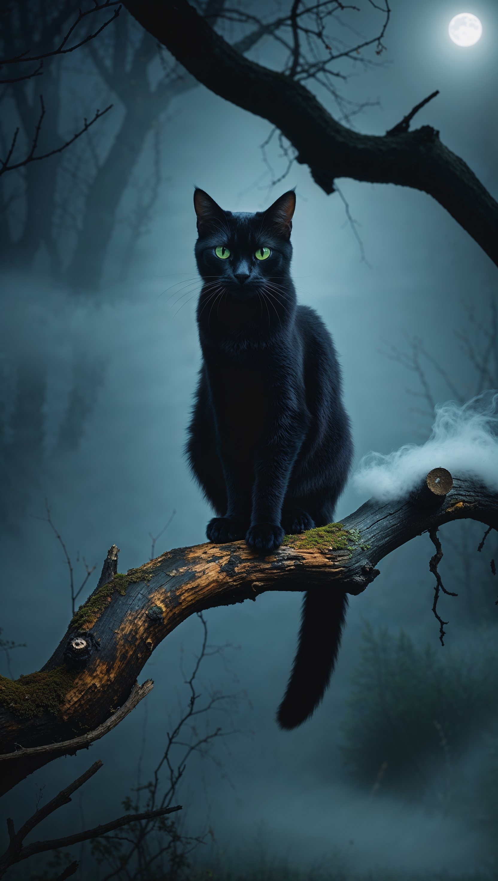iPhone wallpaper with black cat on branch in foggy night