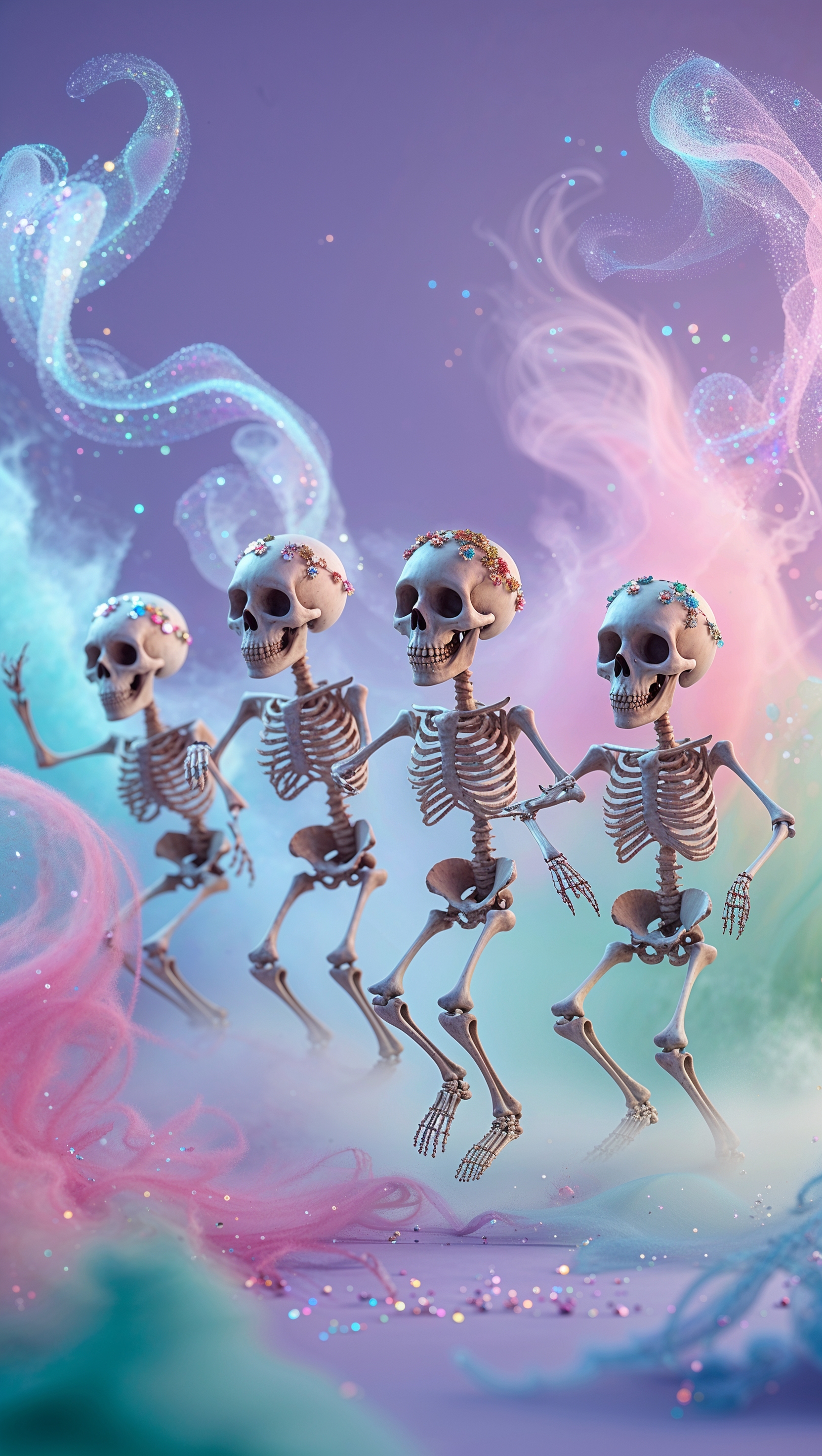 iPhone wallpaper with dancing skeletons in colorful mist