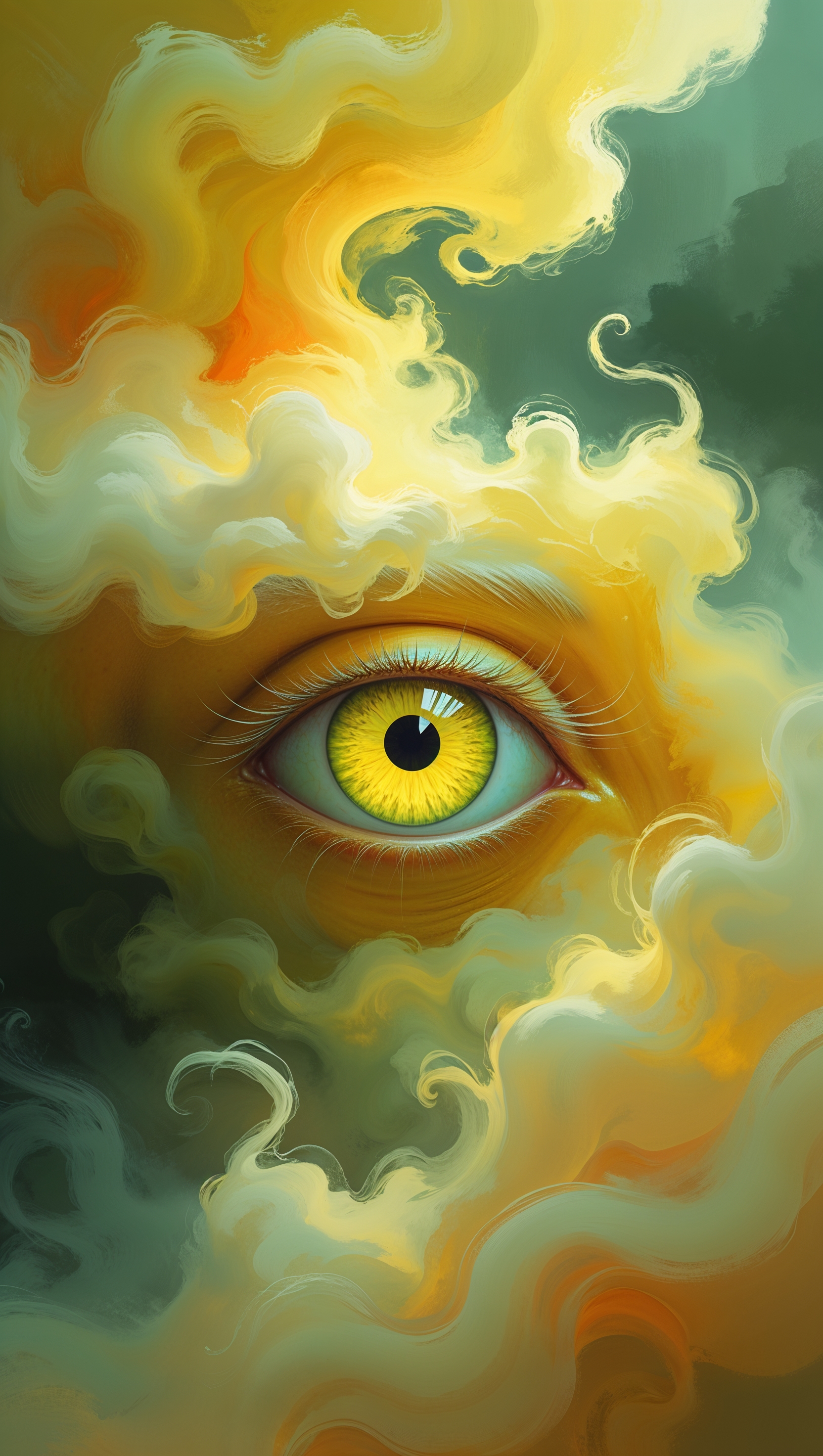 iPhone wallpaper with digital painting of scary eye and yellow fog
