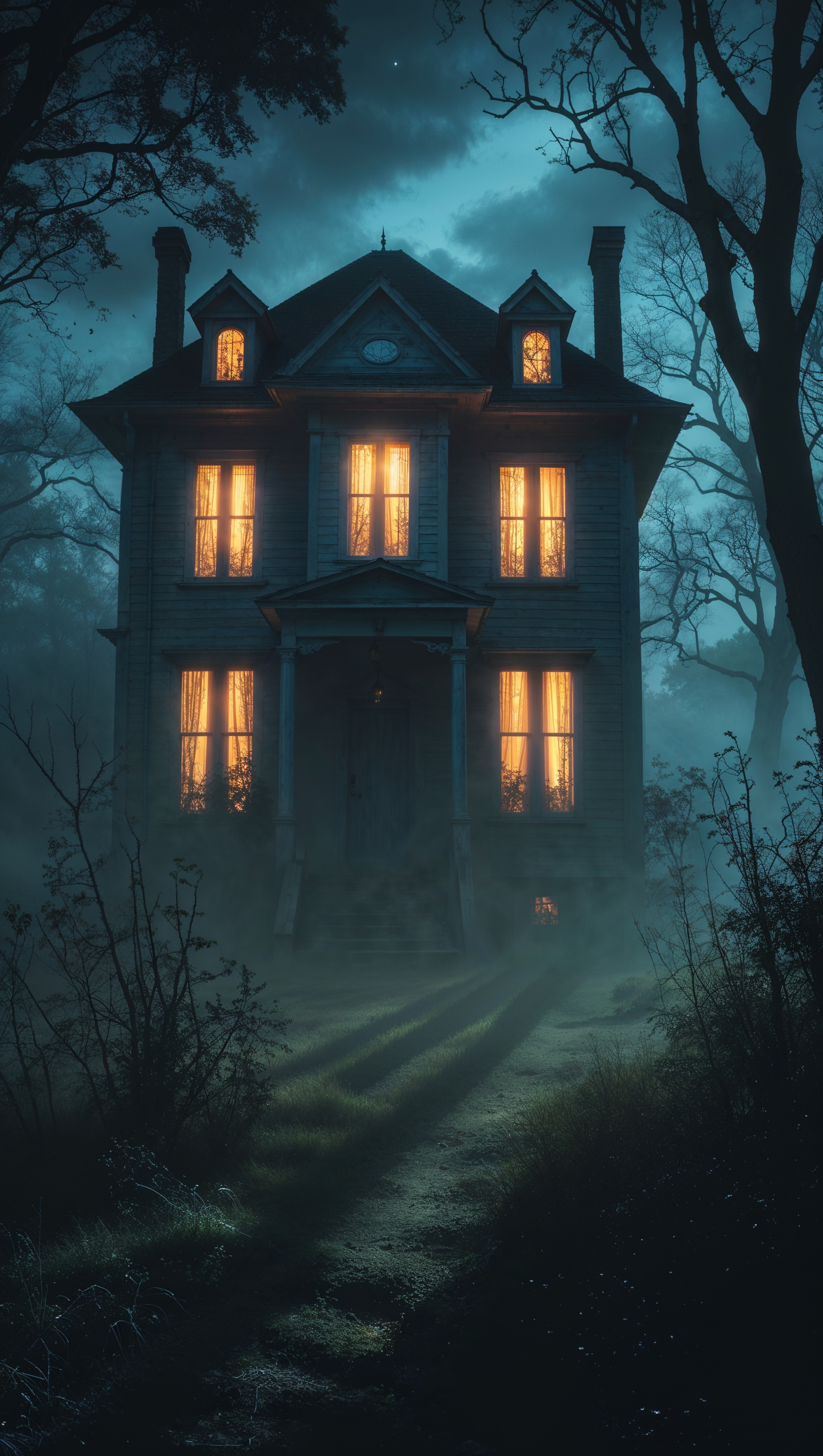 iPhone wallpaper with house having glowing windows and scary shadows