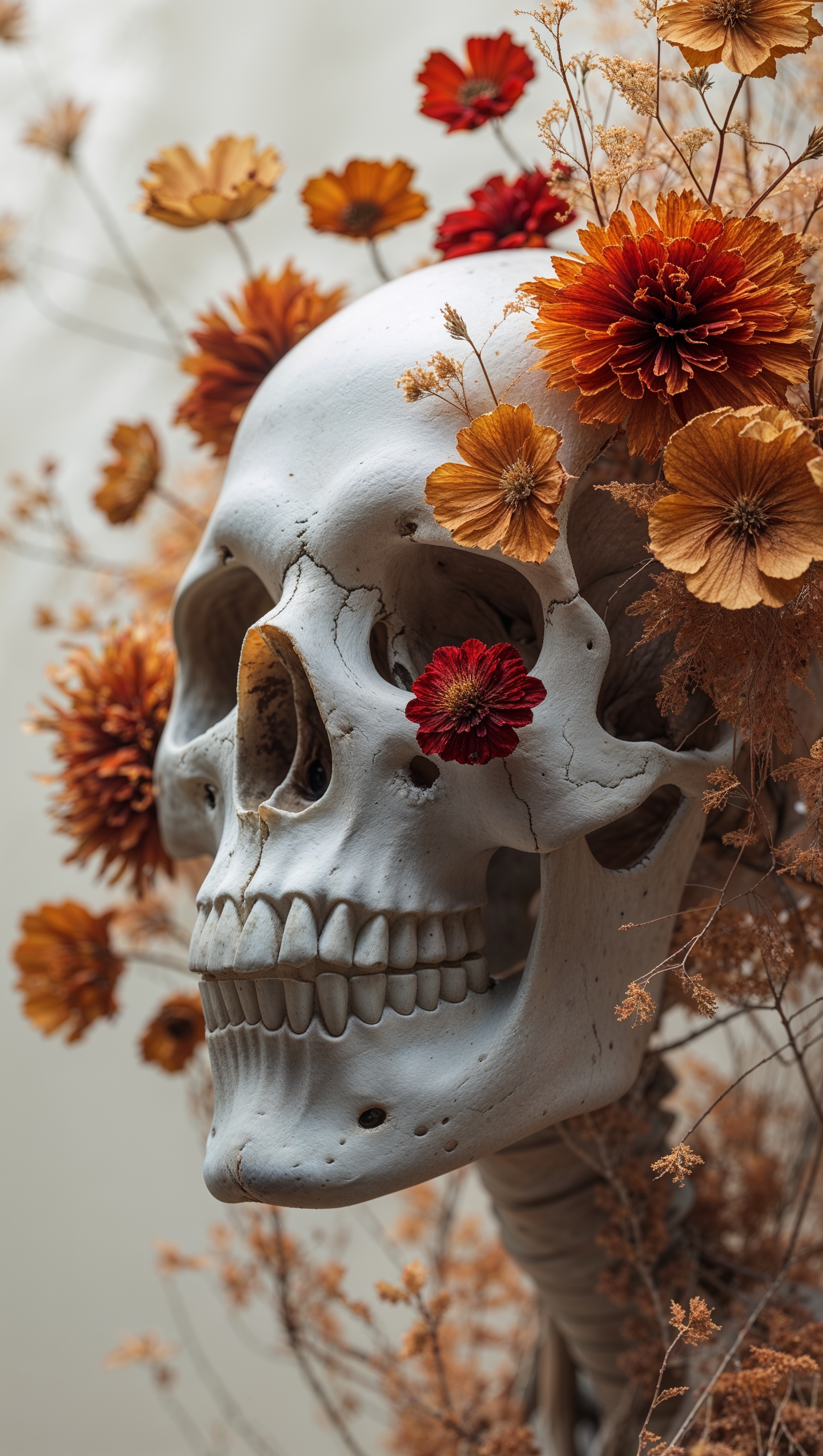 iPhone wallpaper with skull face and dried autumn flowers