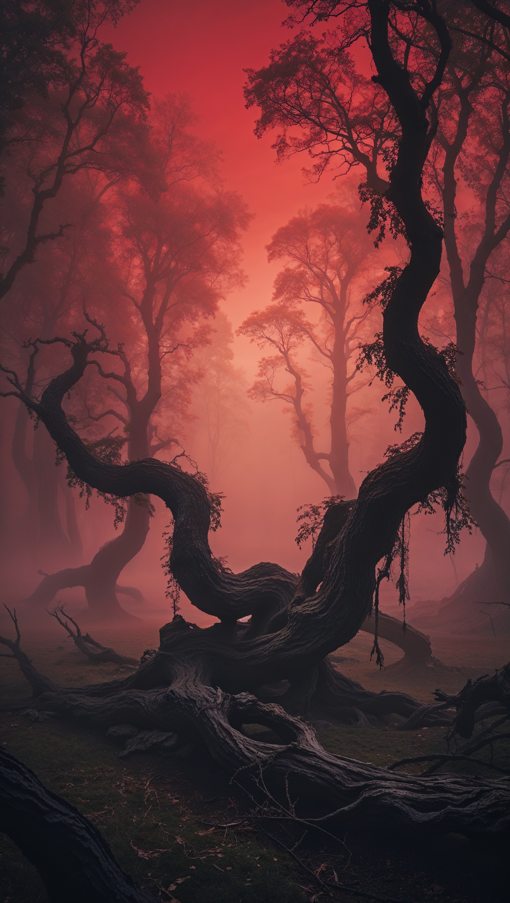 iPhone wallpaper with red fog and twisted dark trees
