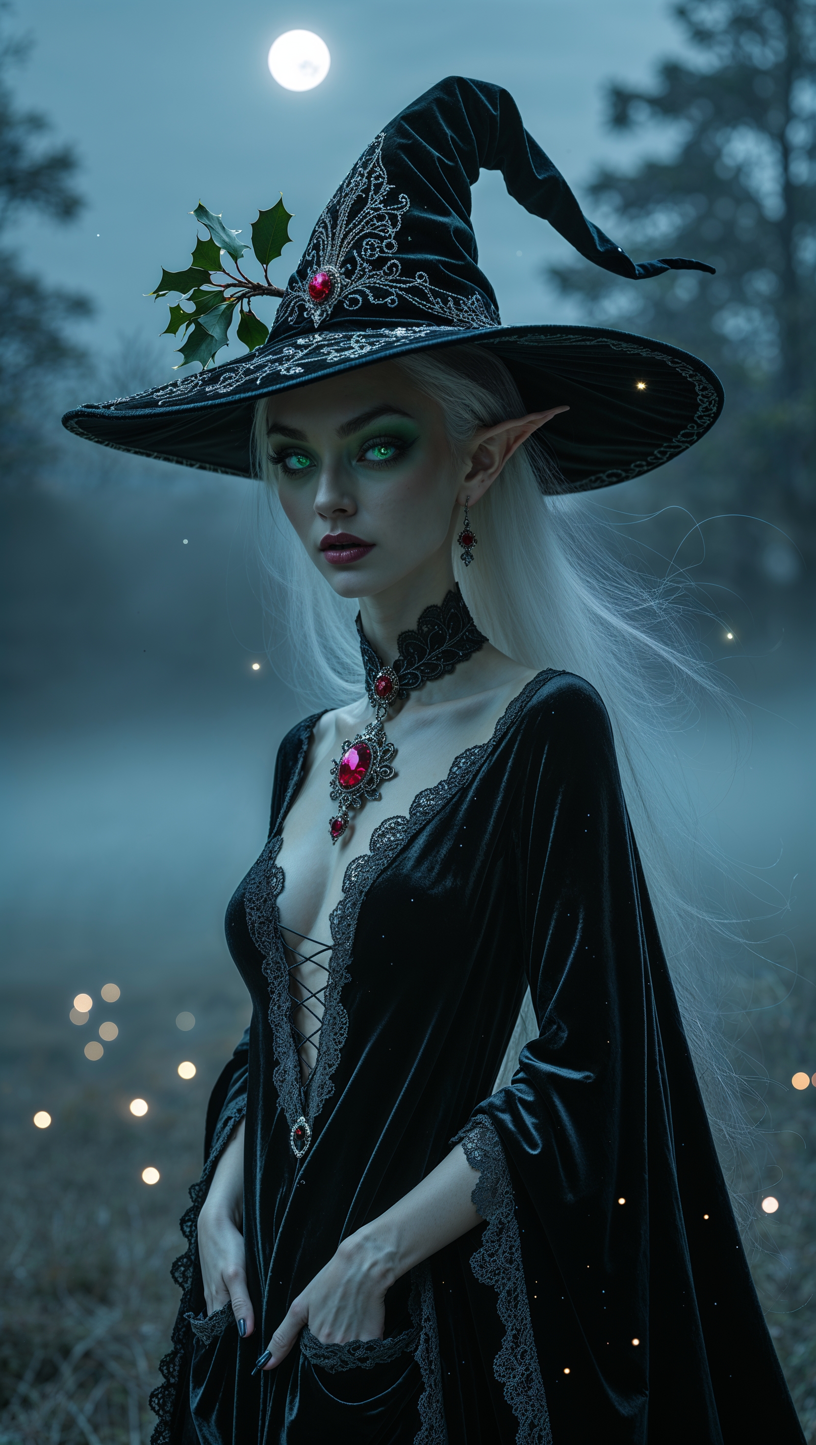 iPhone wallpaper with a witch wearing a tall hat on a foggy night