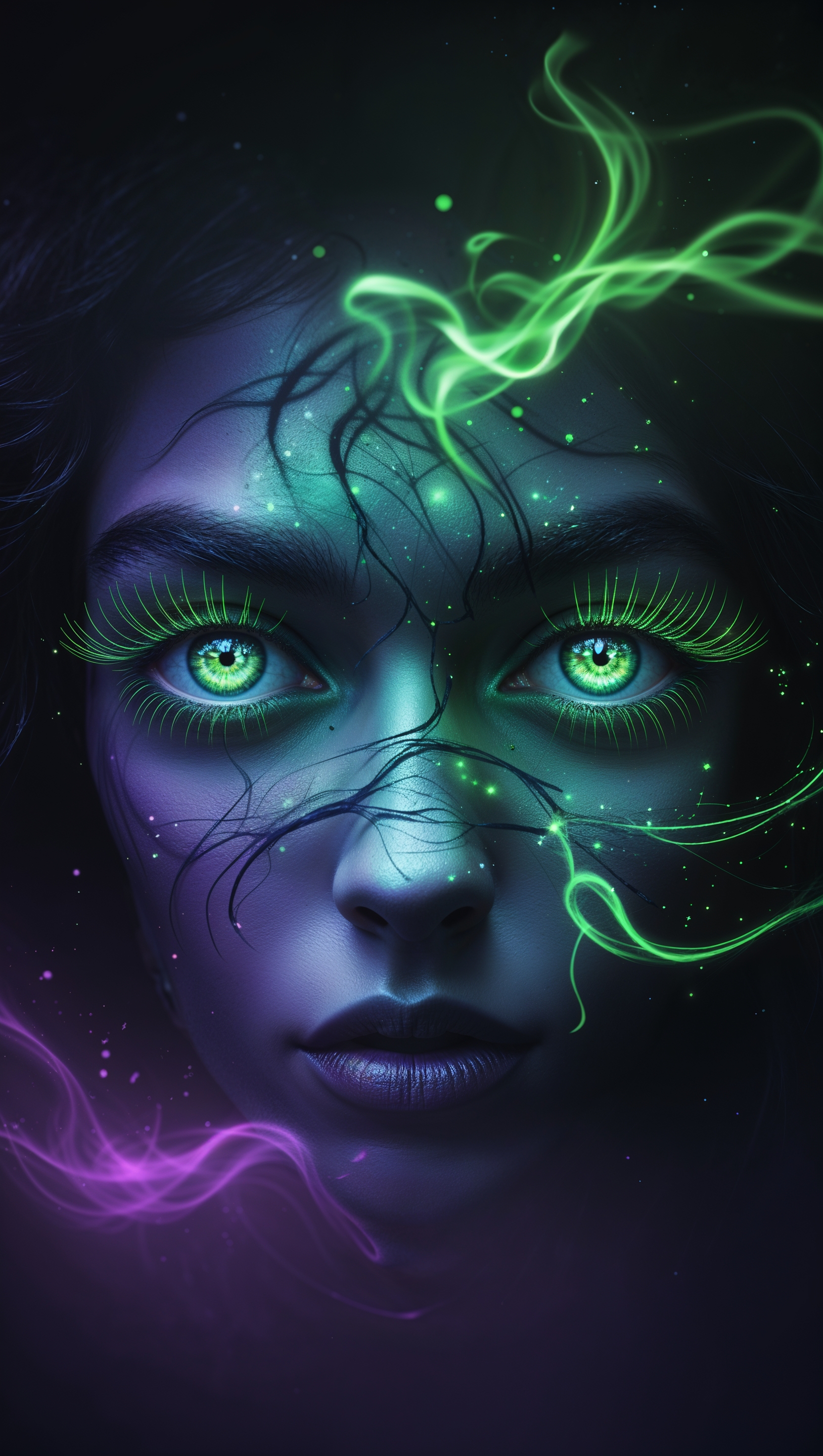 iPhone wallpaper with witchy eyes and green neon effects
