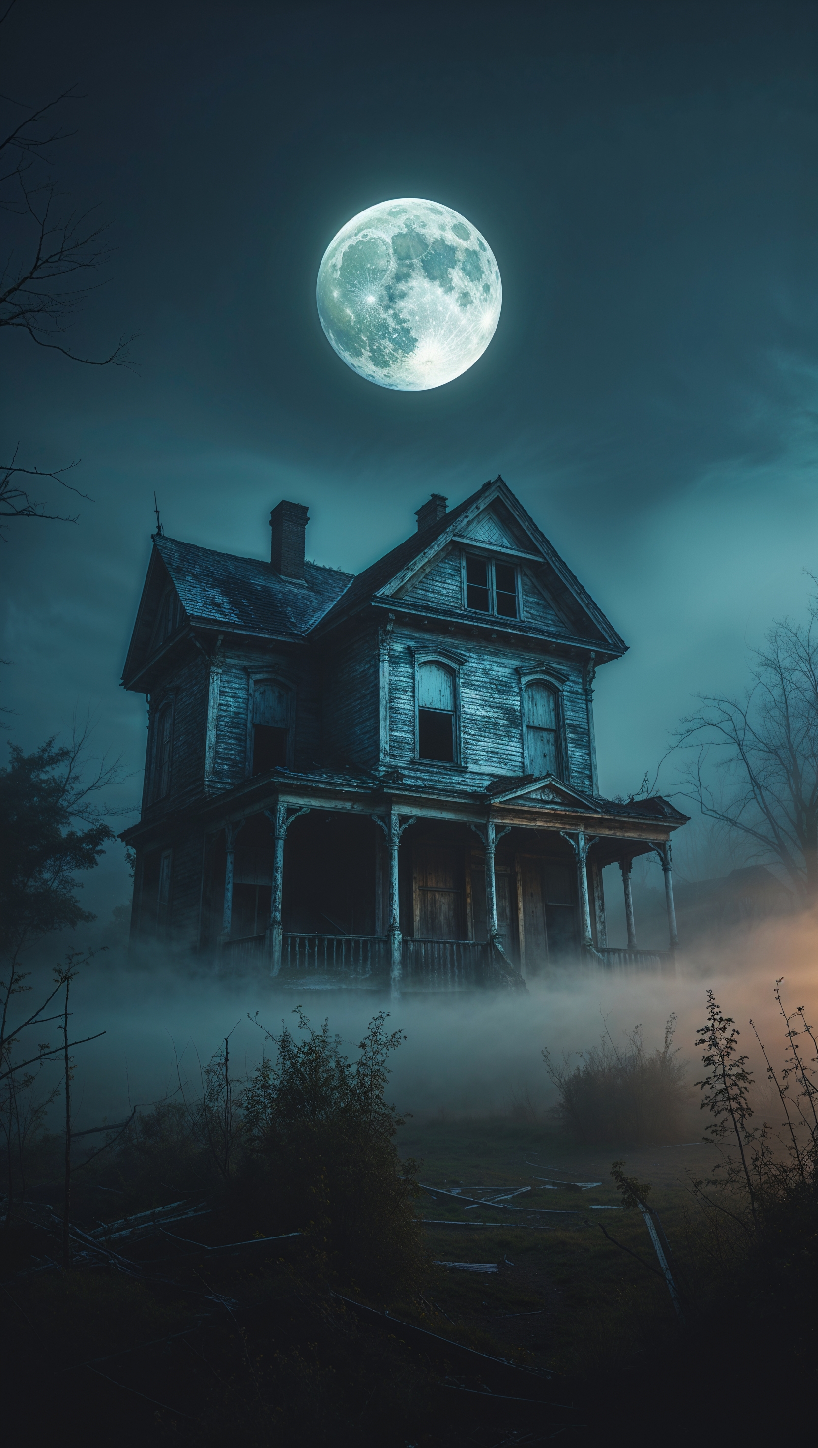 iPhone wallpaper with abandoned house on a foggy night and full moon