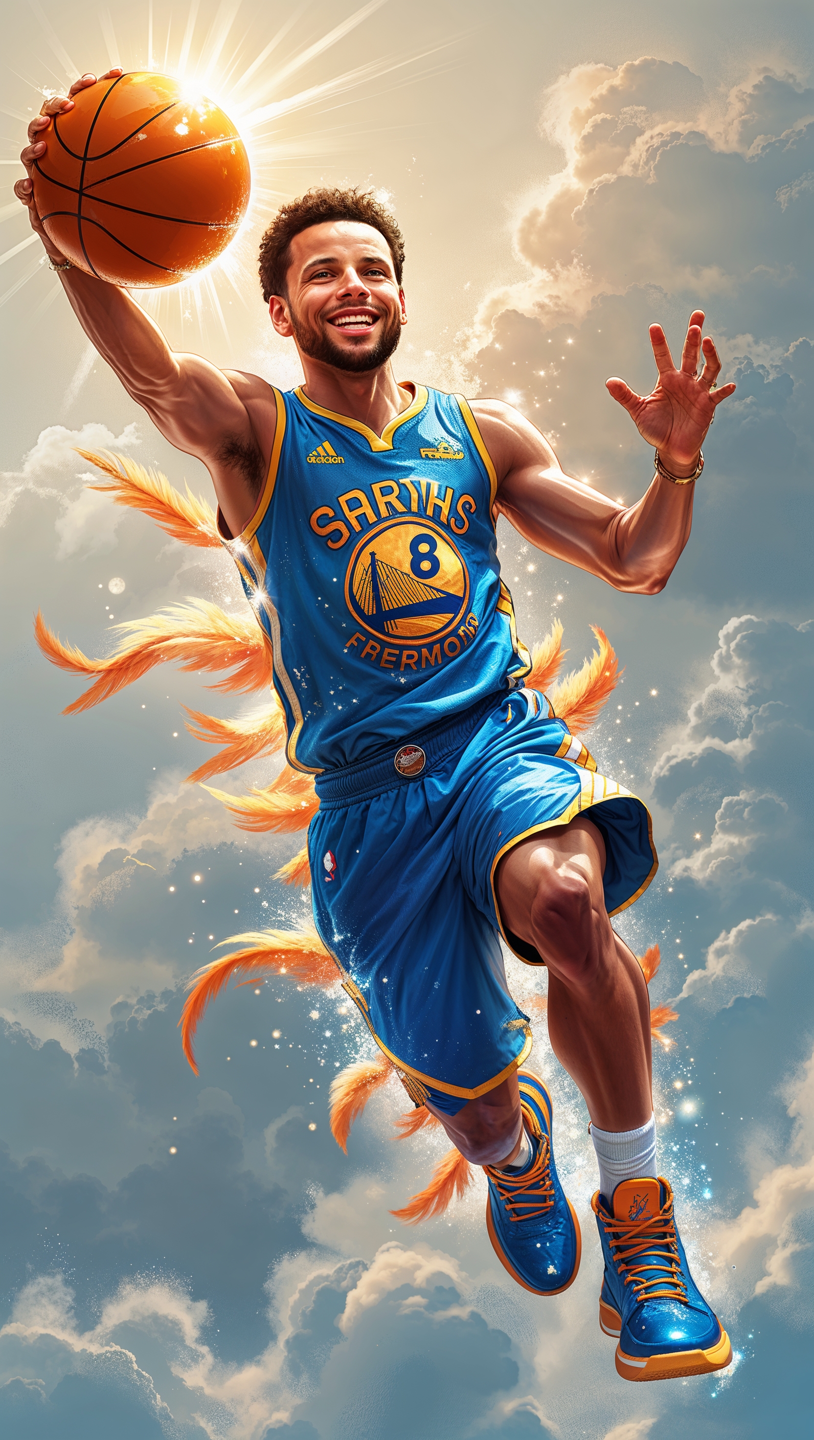 Fantasy image of Steph Curry flying like Superman with a basketball