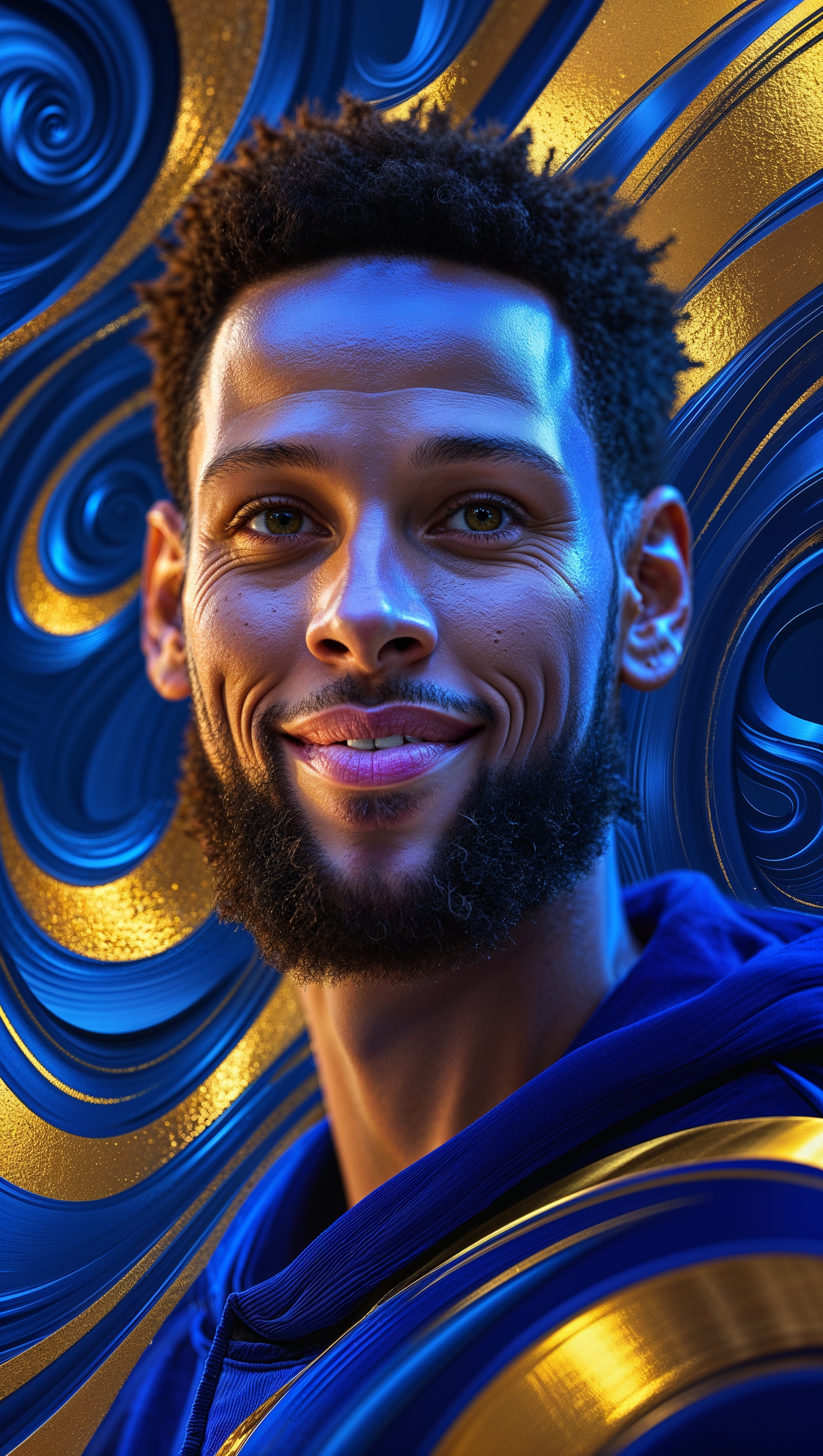 Artistic portrait of Steph Curry with a blue and gold graphic background