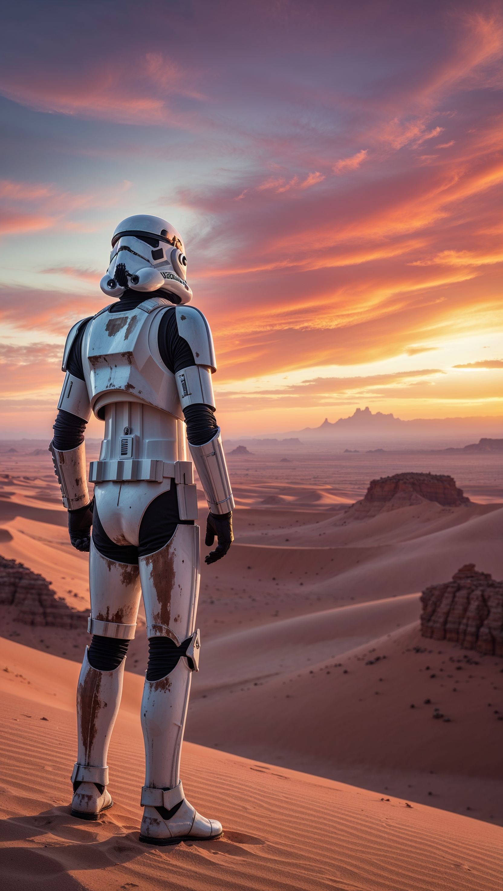Stormtrooper on a desert planet with sunset sky