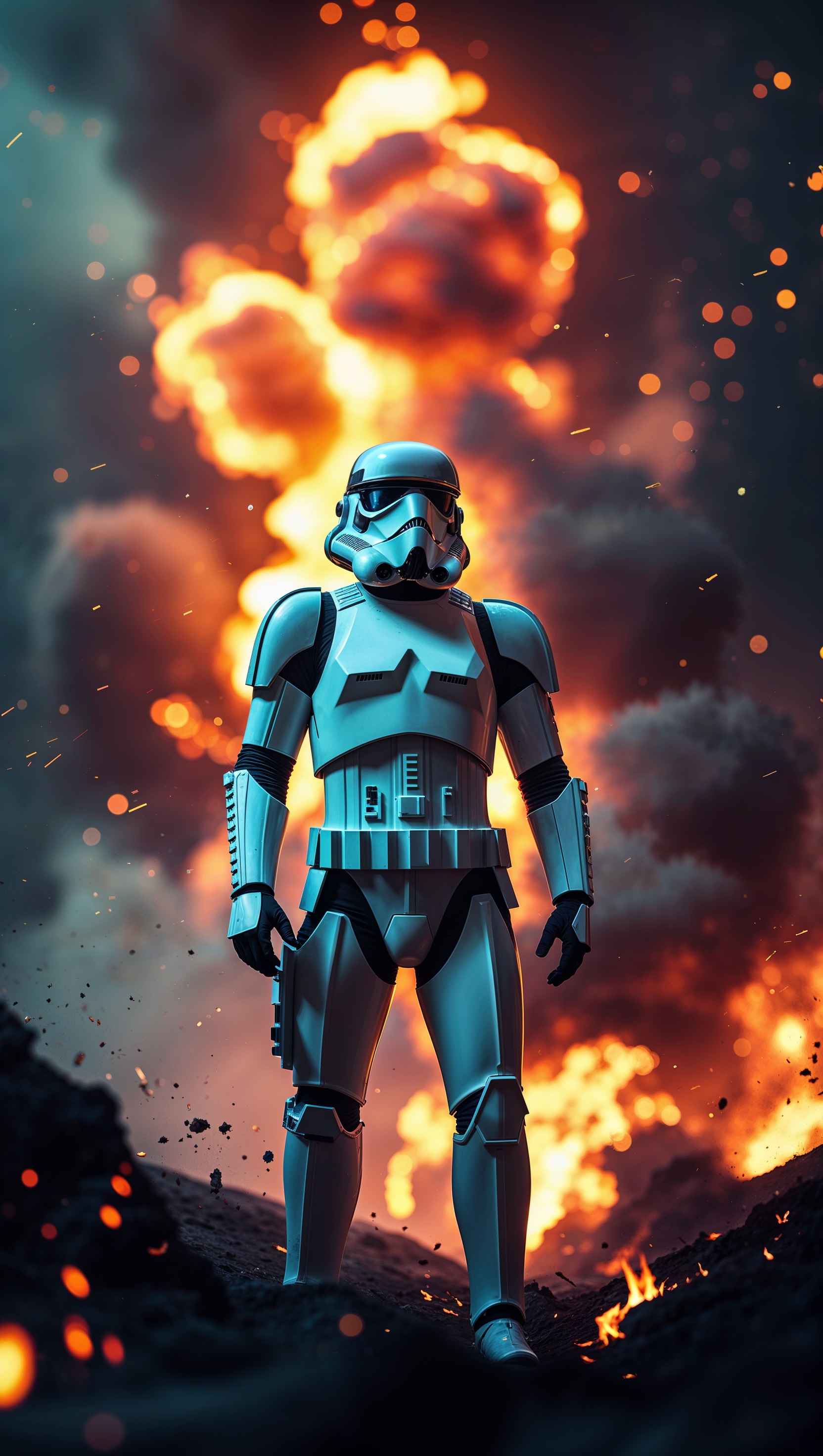 iPhone wallpaper of Stormtrooper with fire and explosion effects