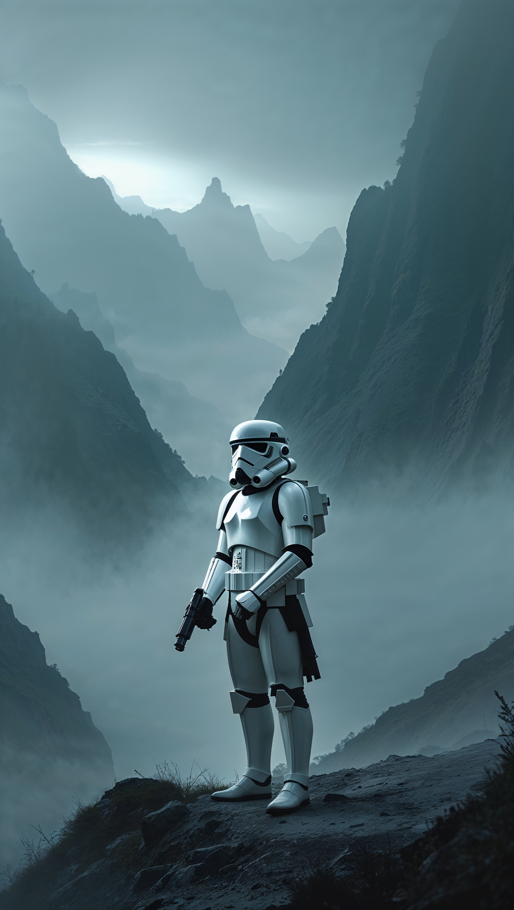iPhone wallpaper of a Stormtrooper in a foggy mountain