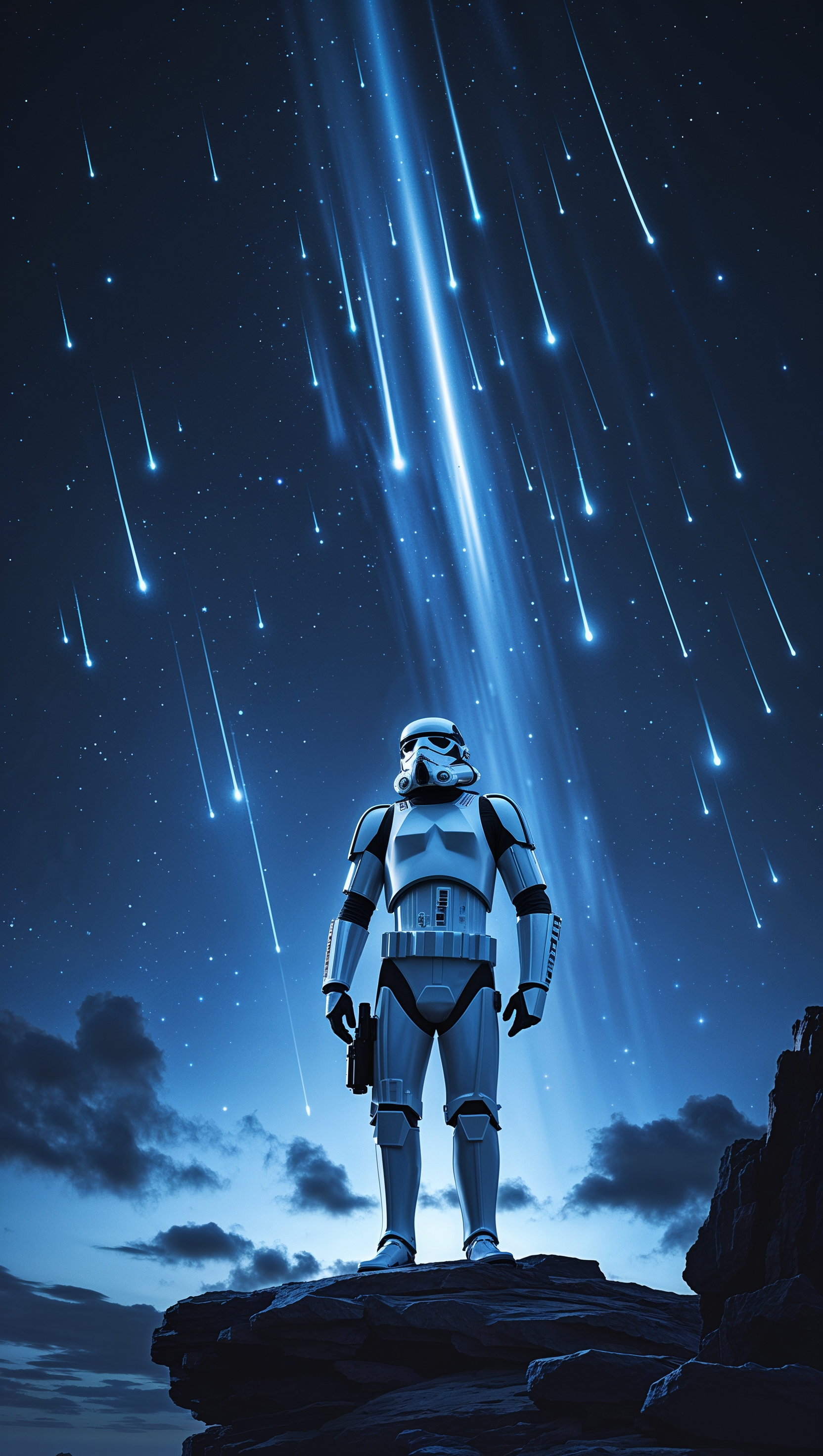 Stormtrooper in the night sky with meteors, iPhone wallpaper