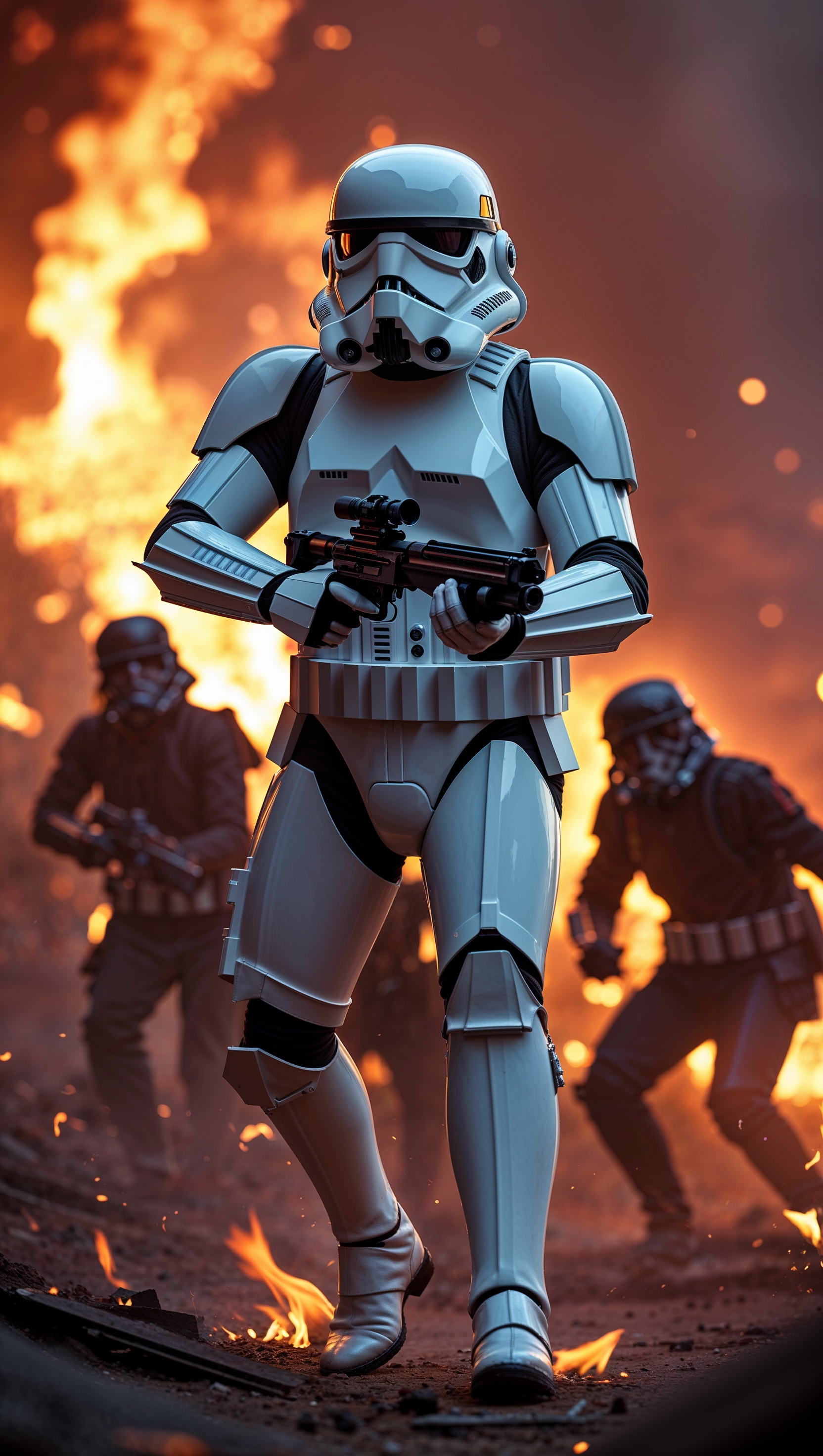 Stormtrooper fighting rebels with a fiery background