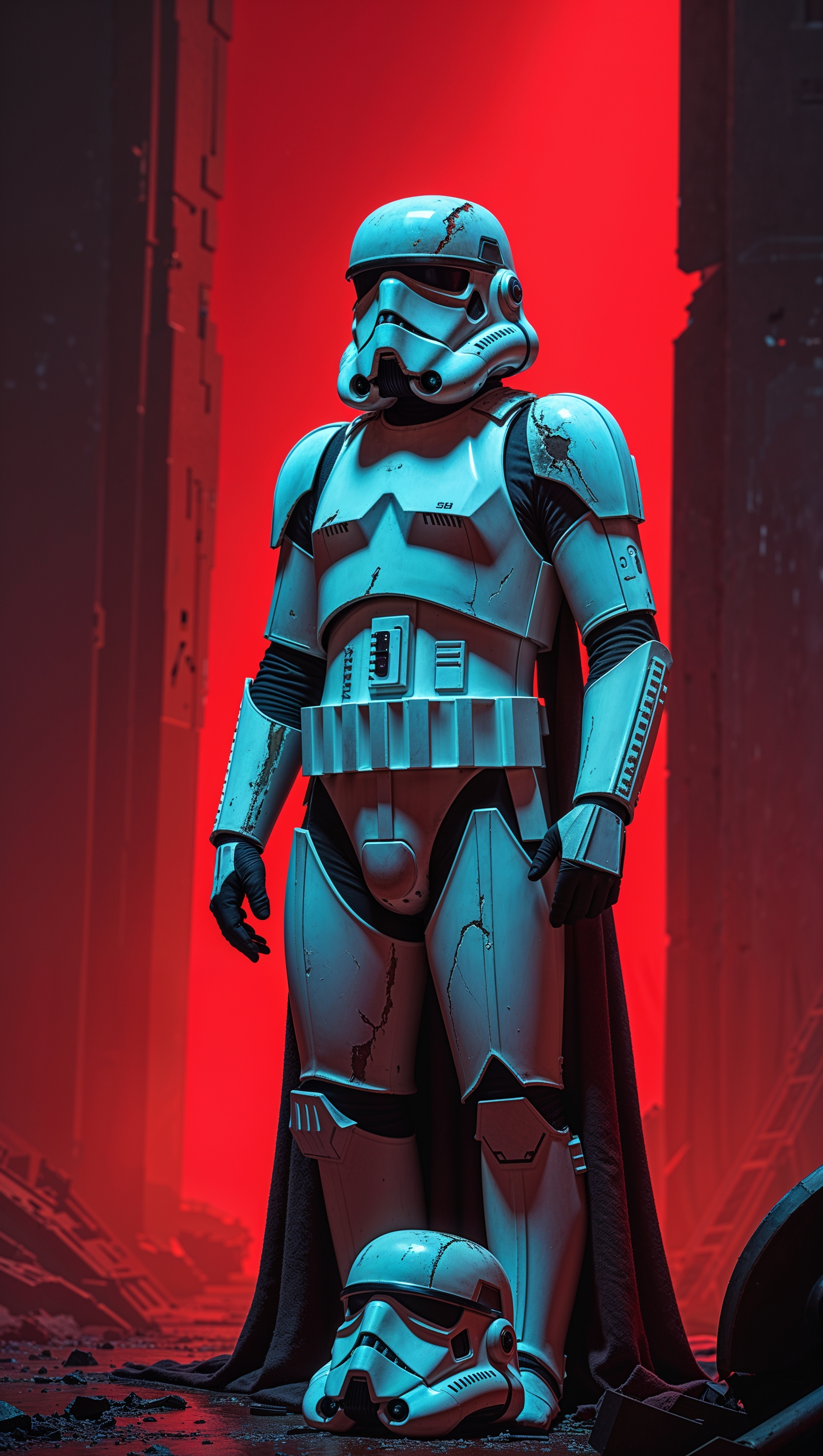 Stormtrooper with broken helmet under red light