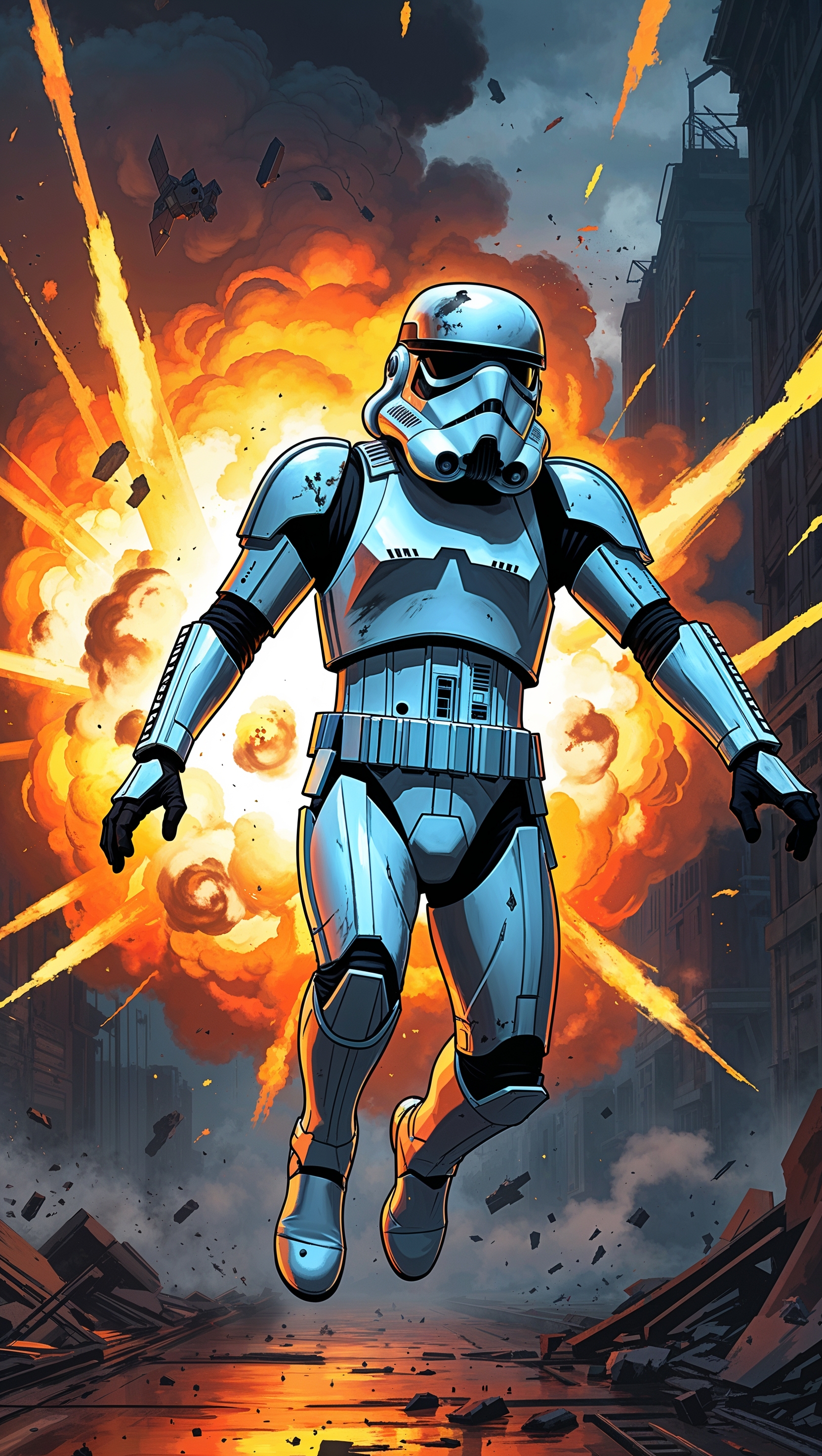 Stormtrooper jumping from an explosion for iPhone wallpaper