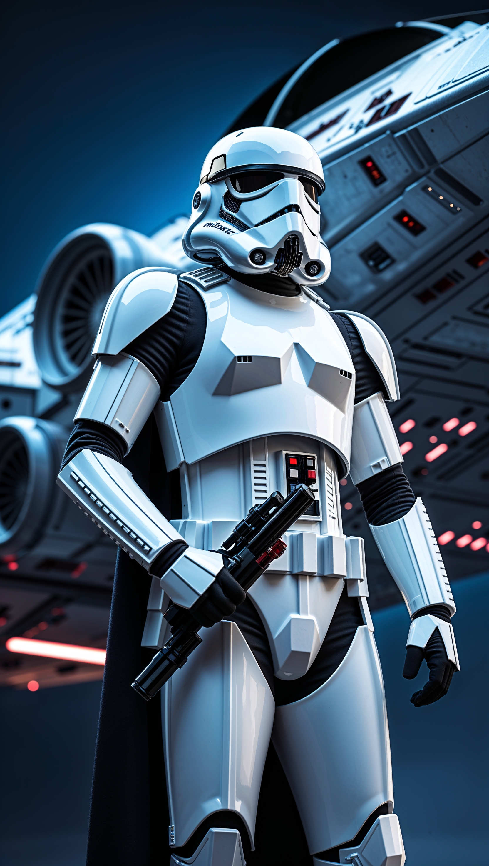 Stormtrooper standing in front of a spaceship
