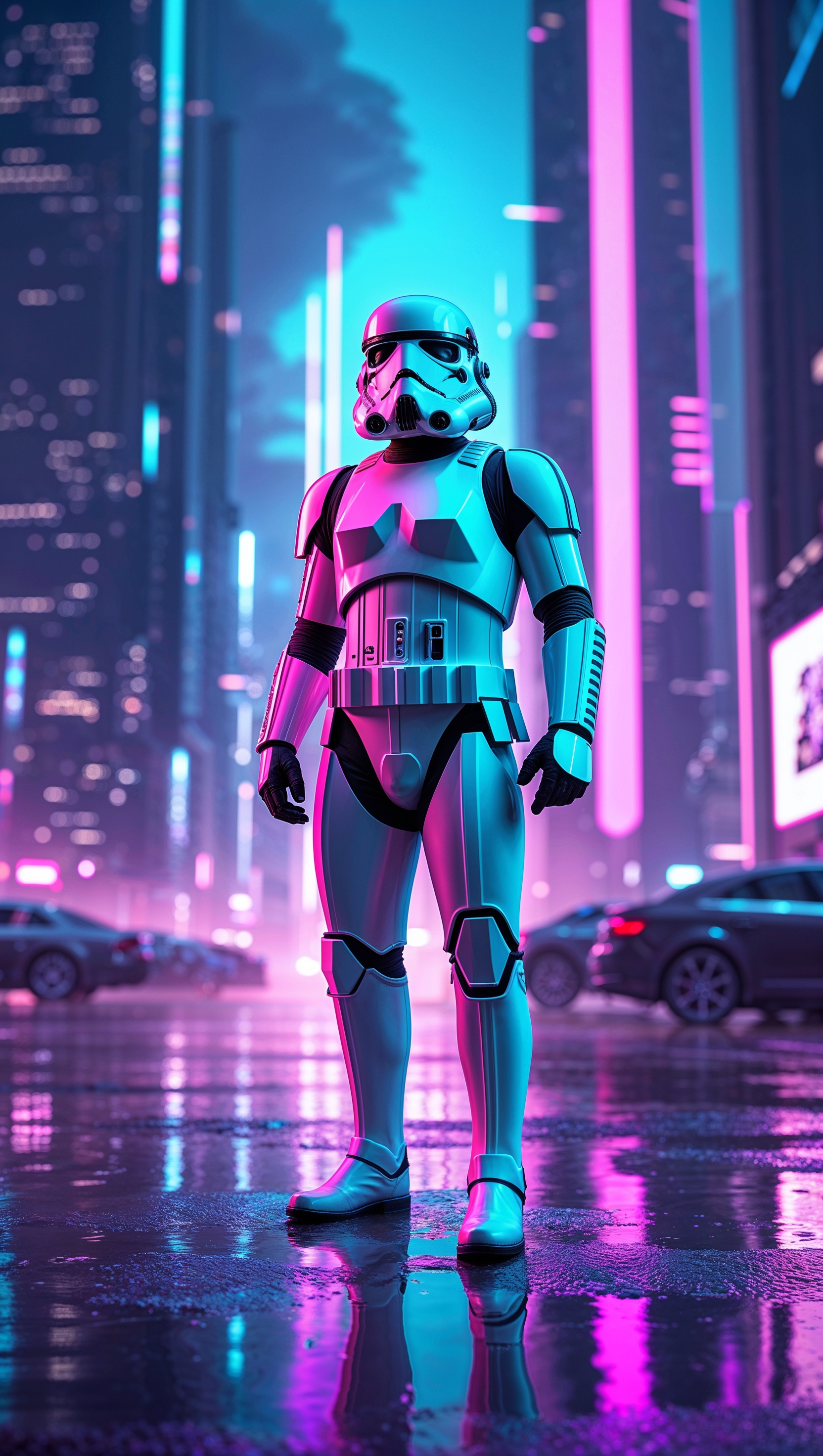 Neon Stormtrooper in a futuristic city for iPhone wallpaper