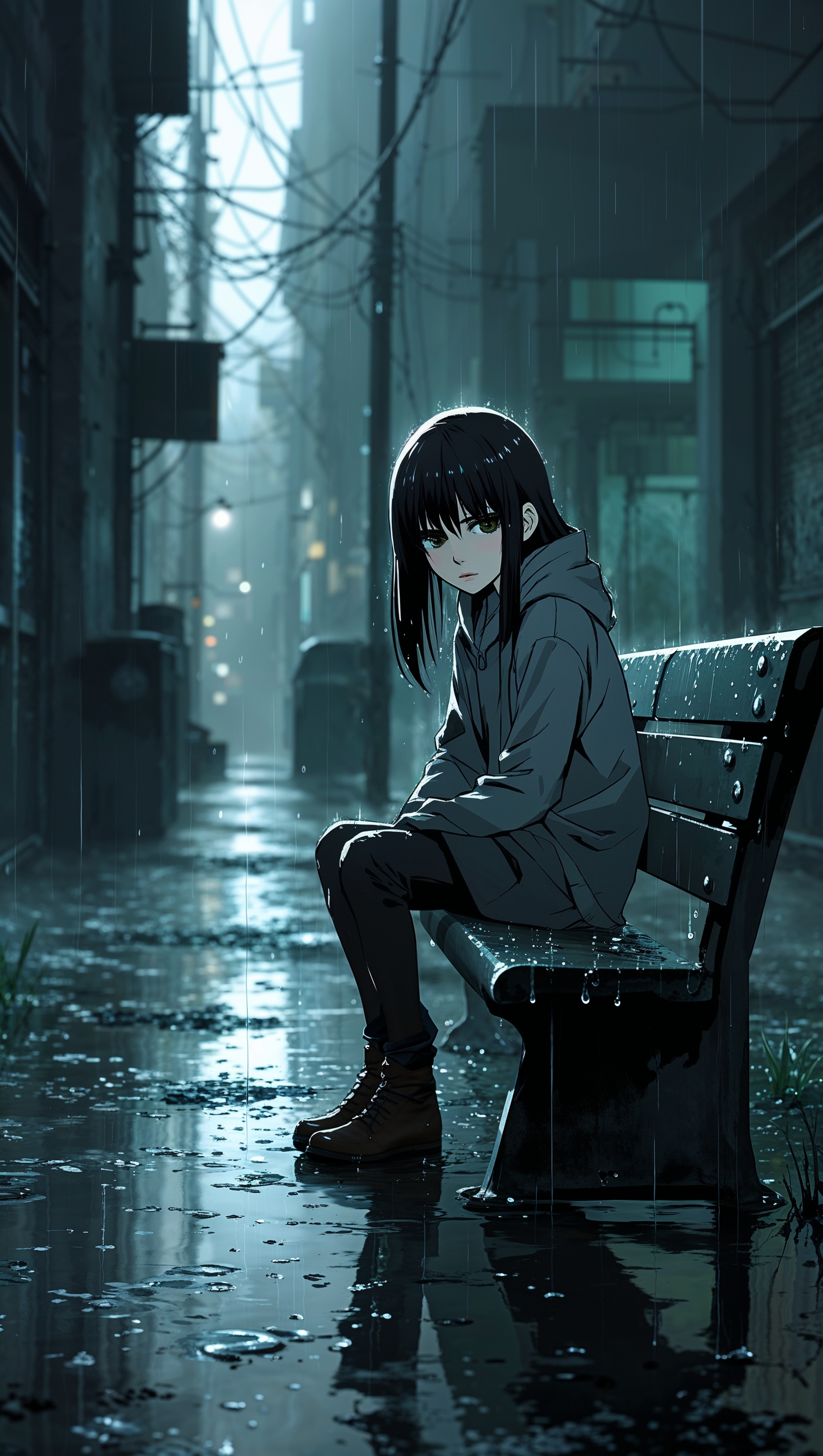 A sad anime character sitting alone in the rain, moody tones, iPhone wallpaper