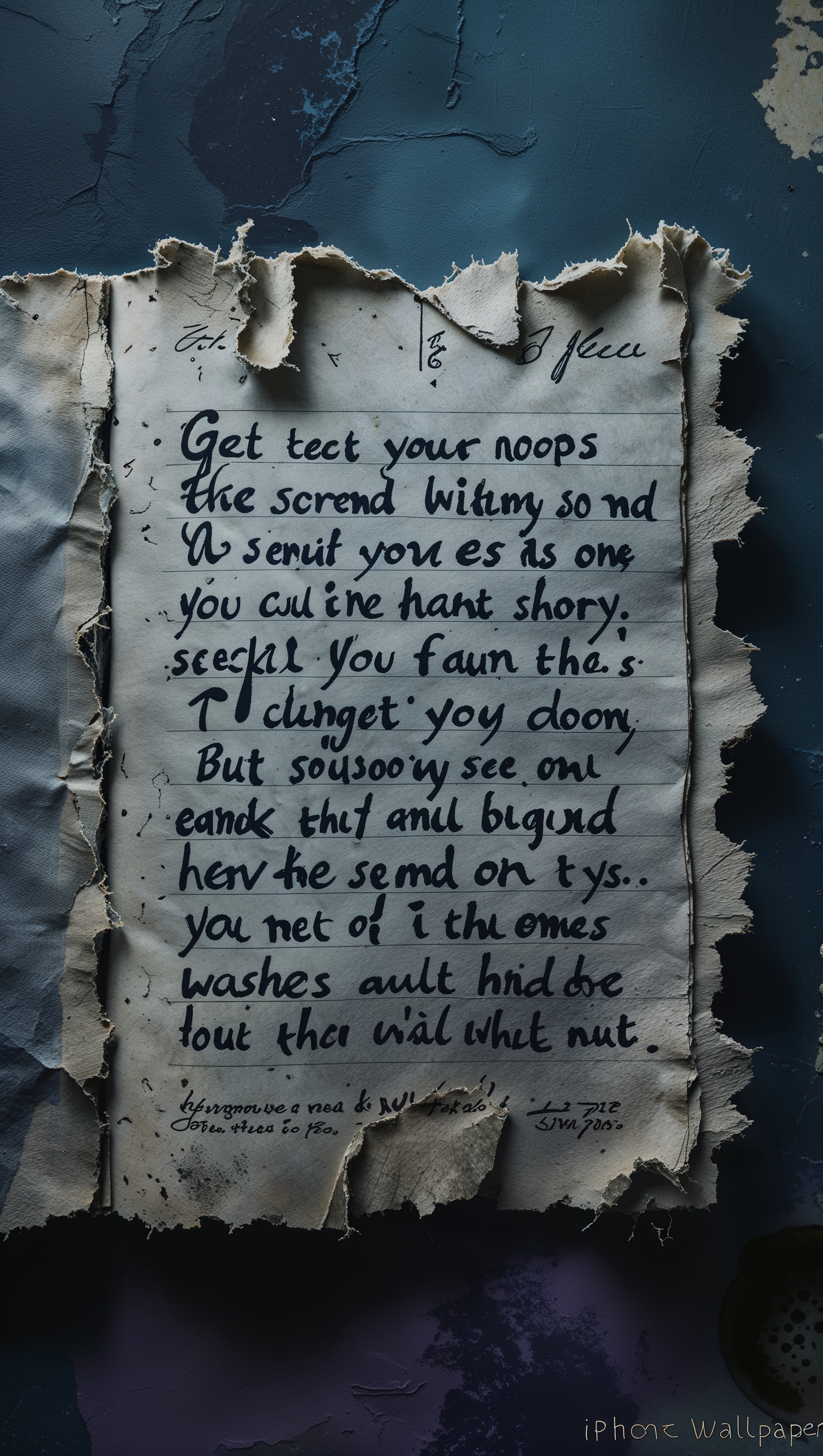 A torn diary page with emotional quotes in a dark aesthetic, iPhone wallpaper