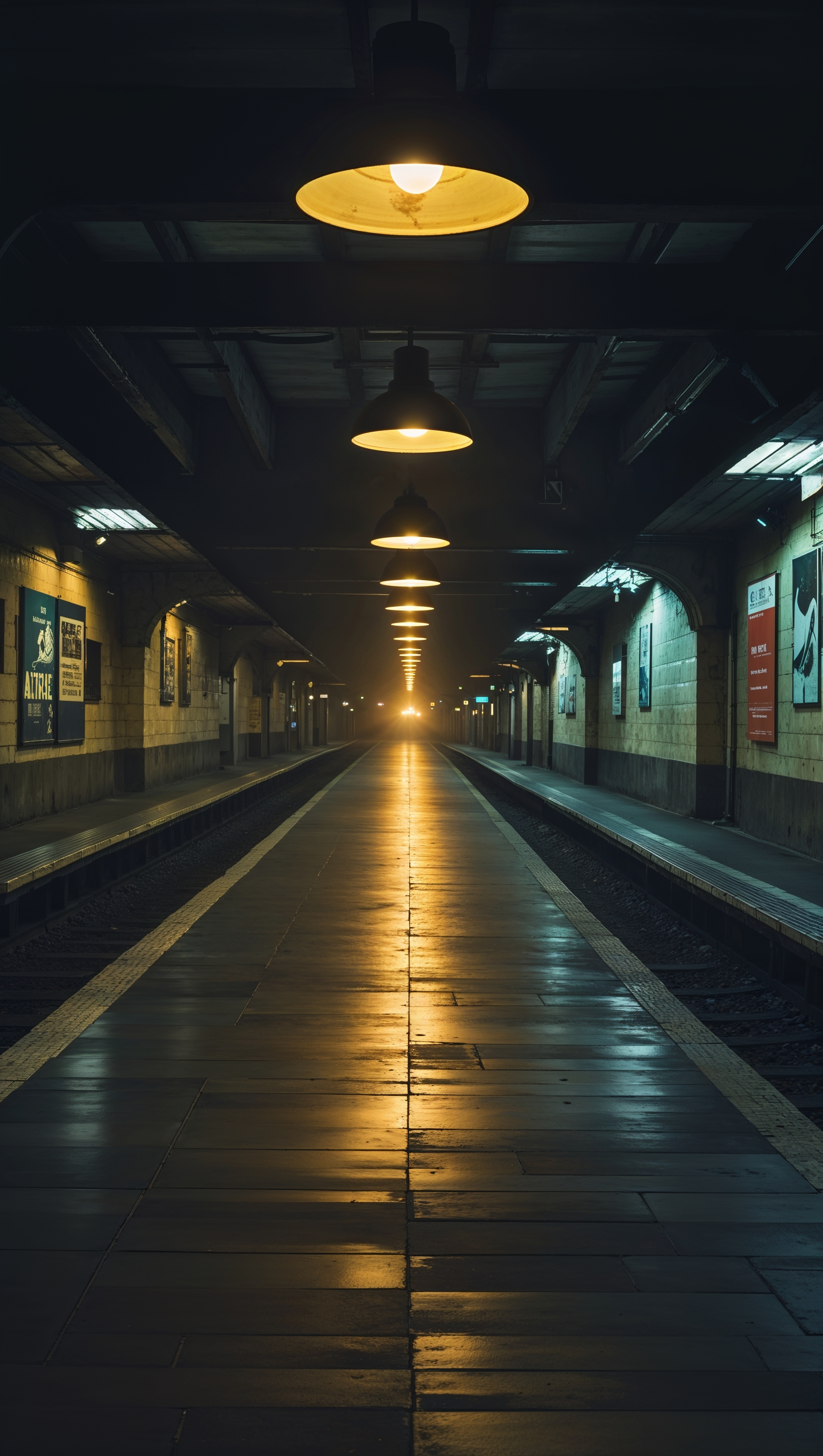 An empty train station at midnight, moody tones, iPhone wallpaper