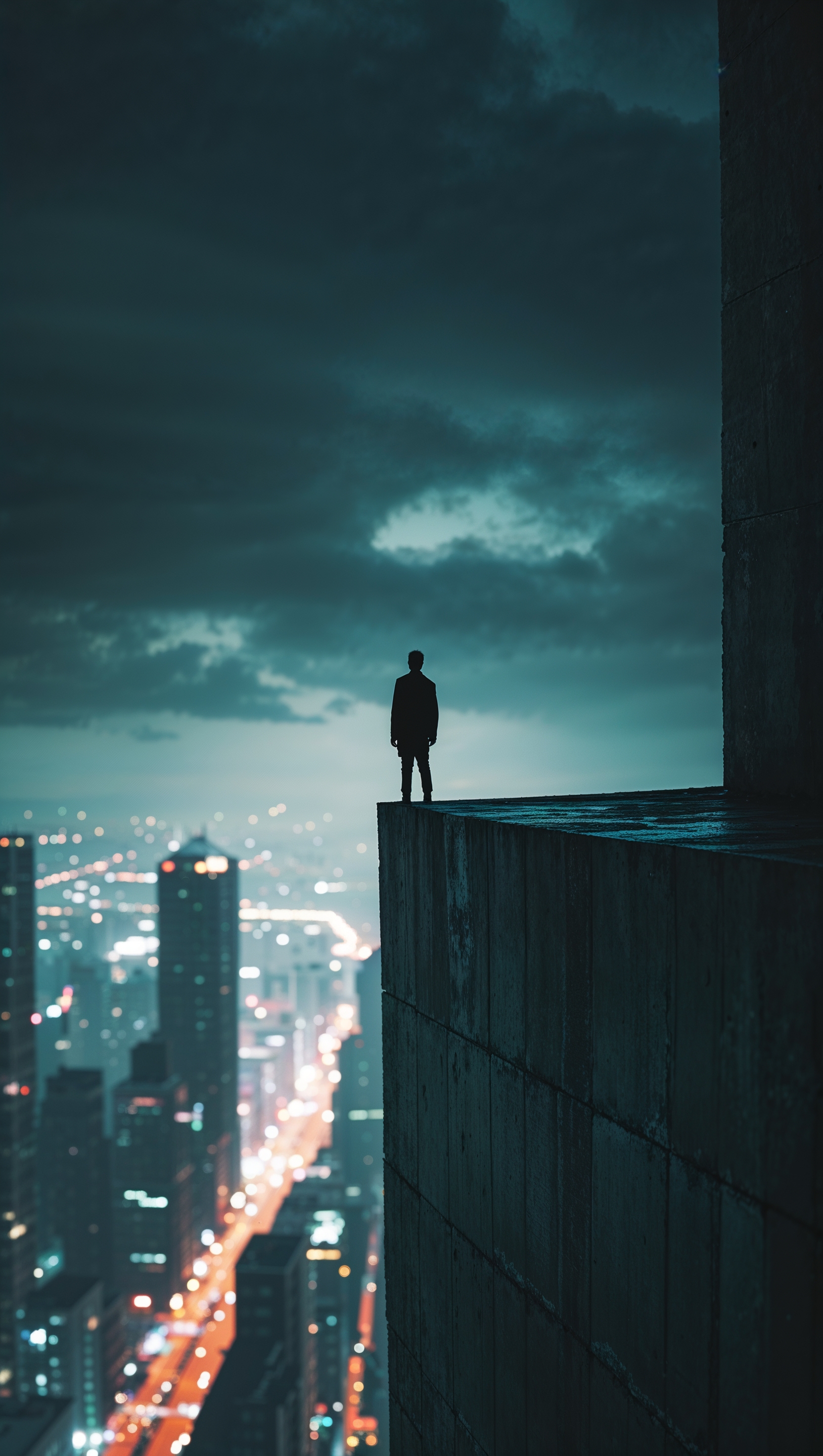 A dark and emotional iPhone wallpaper depicting a silhouette standing at the edge of a building at night