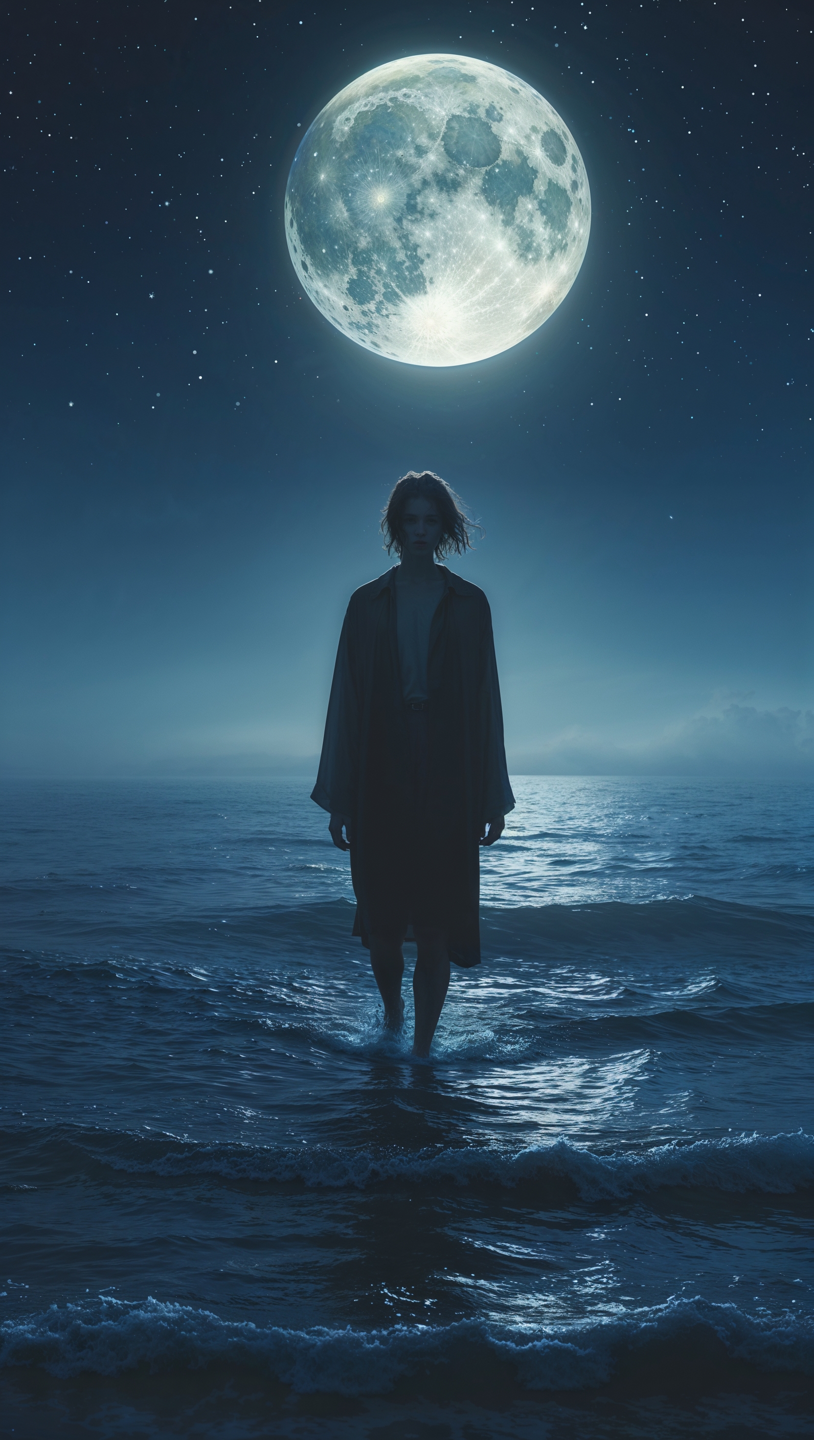 A lone figure walking into the ocean under a full moon, surreal and melancholic, iPhone wallpaper