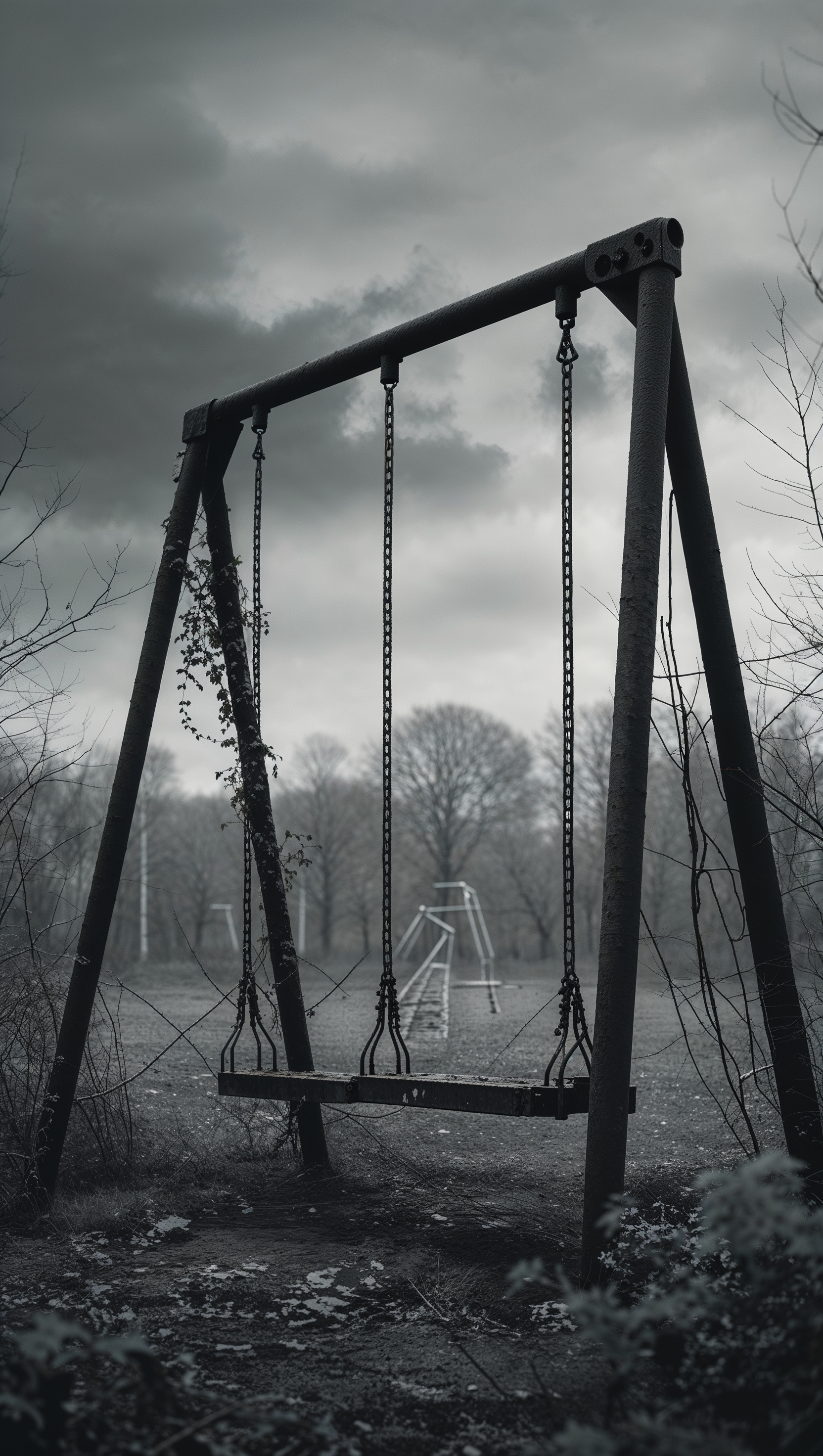 A black and white photo of empty swings in an abandoned park, iPhone wallpaper