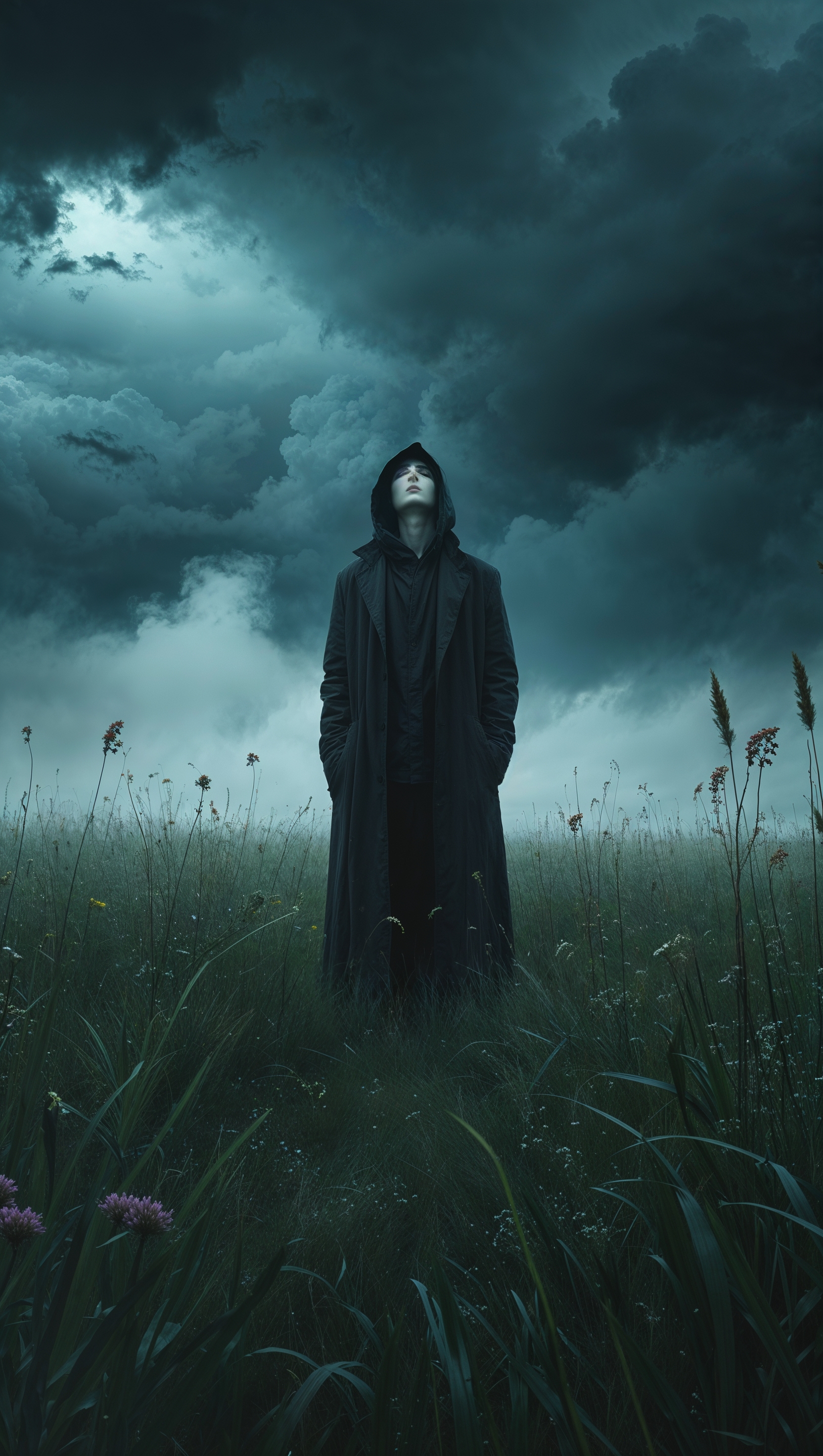 A person standing alone in a field under a stormy sky, iPhone wallpaper