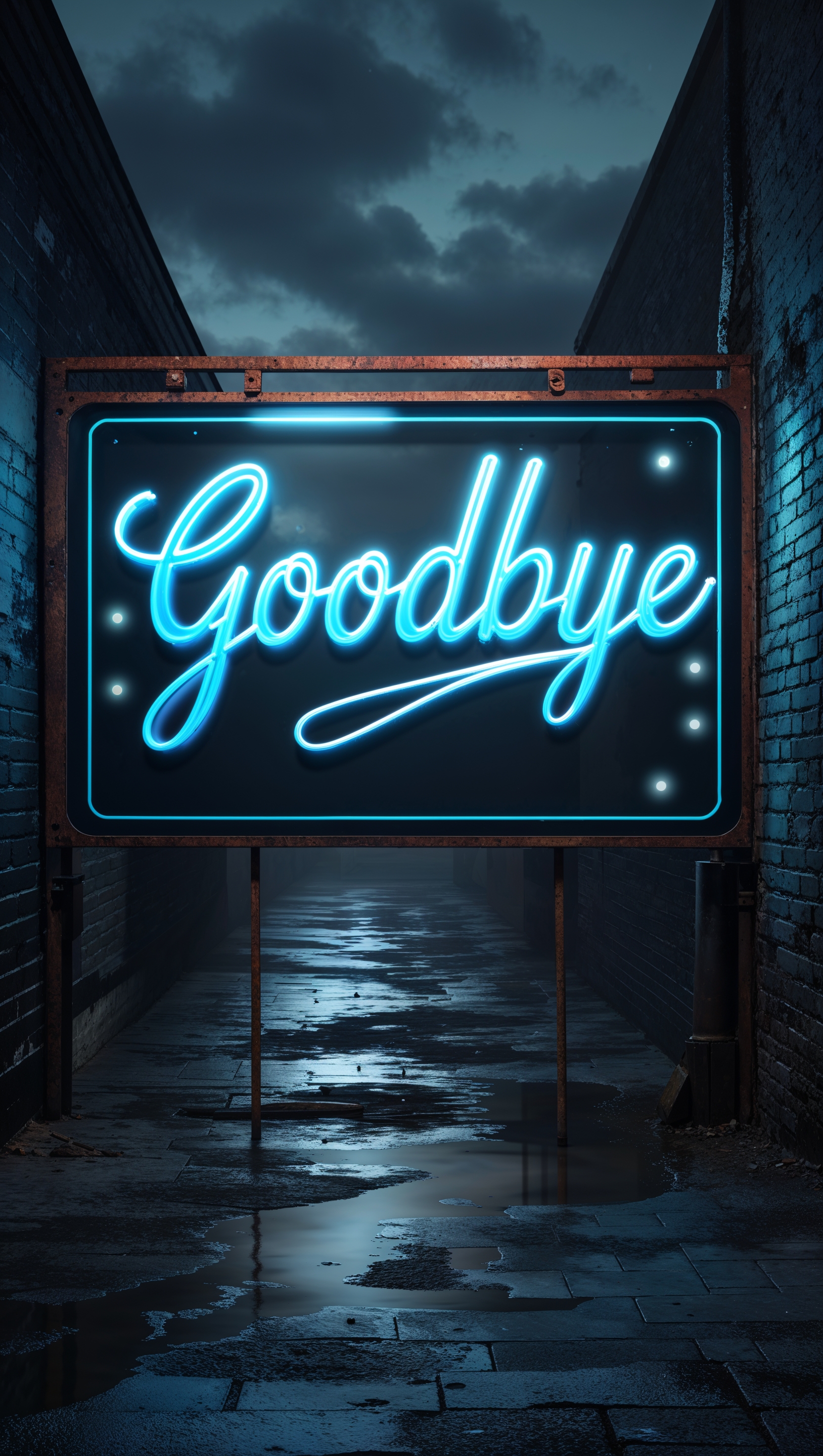 A neon sign in an empty alley that reads 'Goodbye', aesthetic iPhone wallpaper