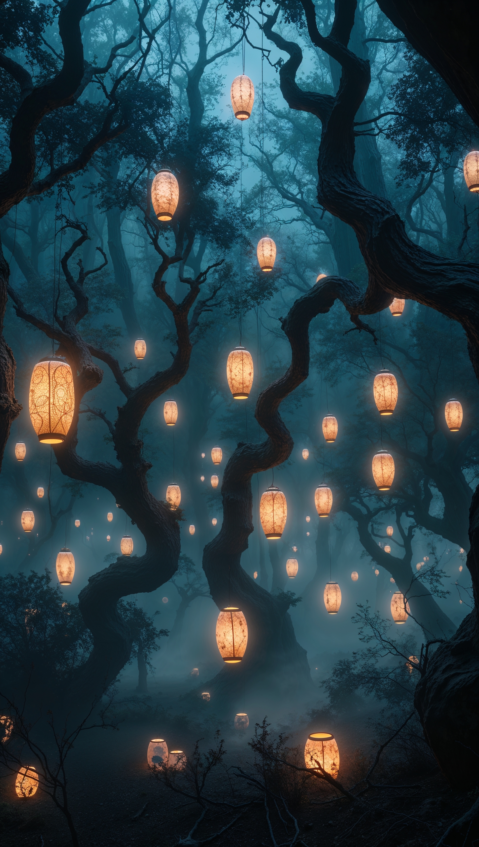 Dark surreal forest with floating lanterns, melancholy and mystery, iPhone wallpaper