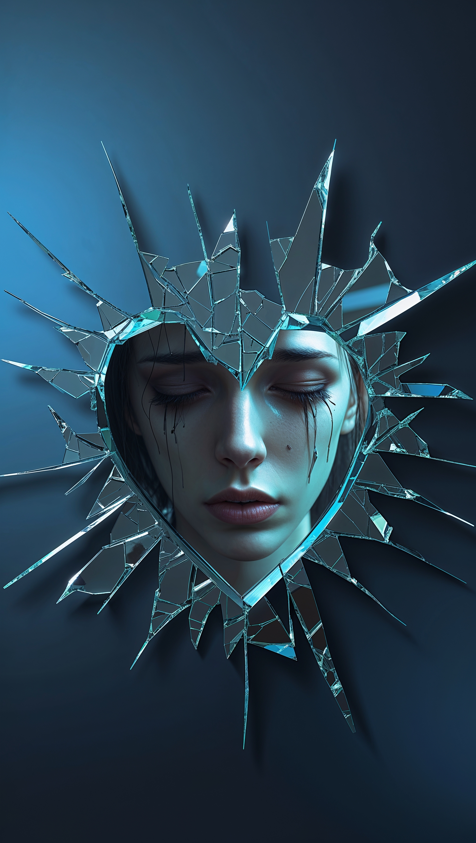 A digital art of a shattered mirror with a sad face reflection, iPhone wallpaper