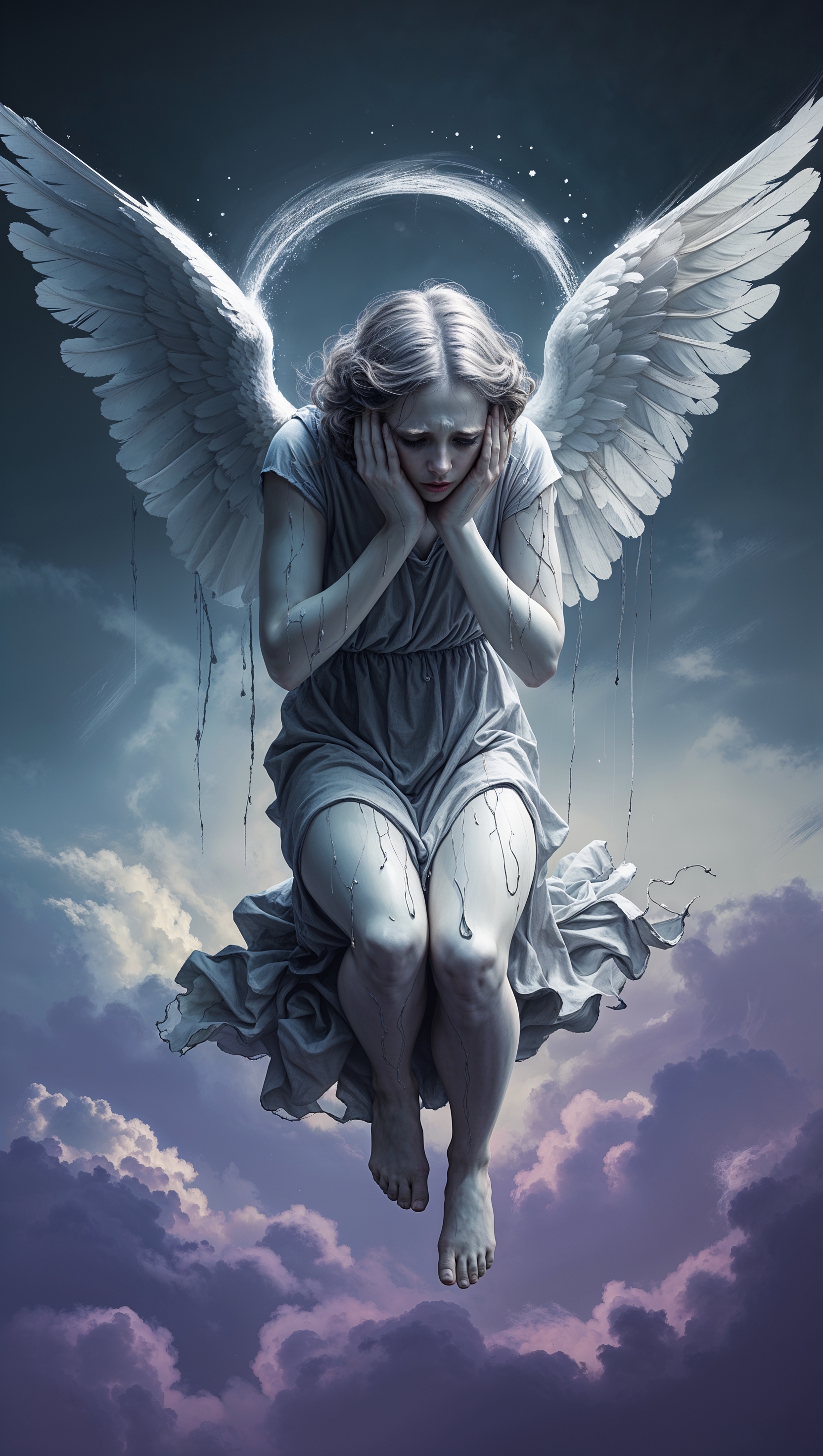 A crying angel falling from the sky, digital art, emotional wallpaper for iPhone