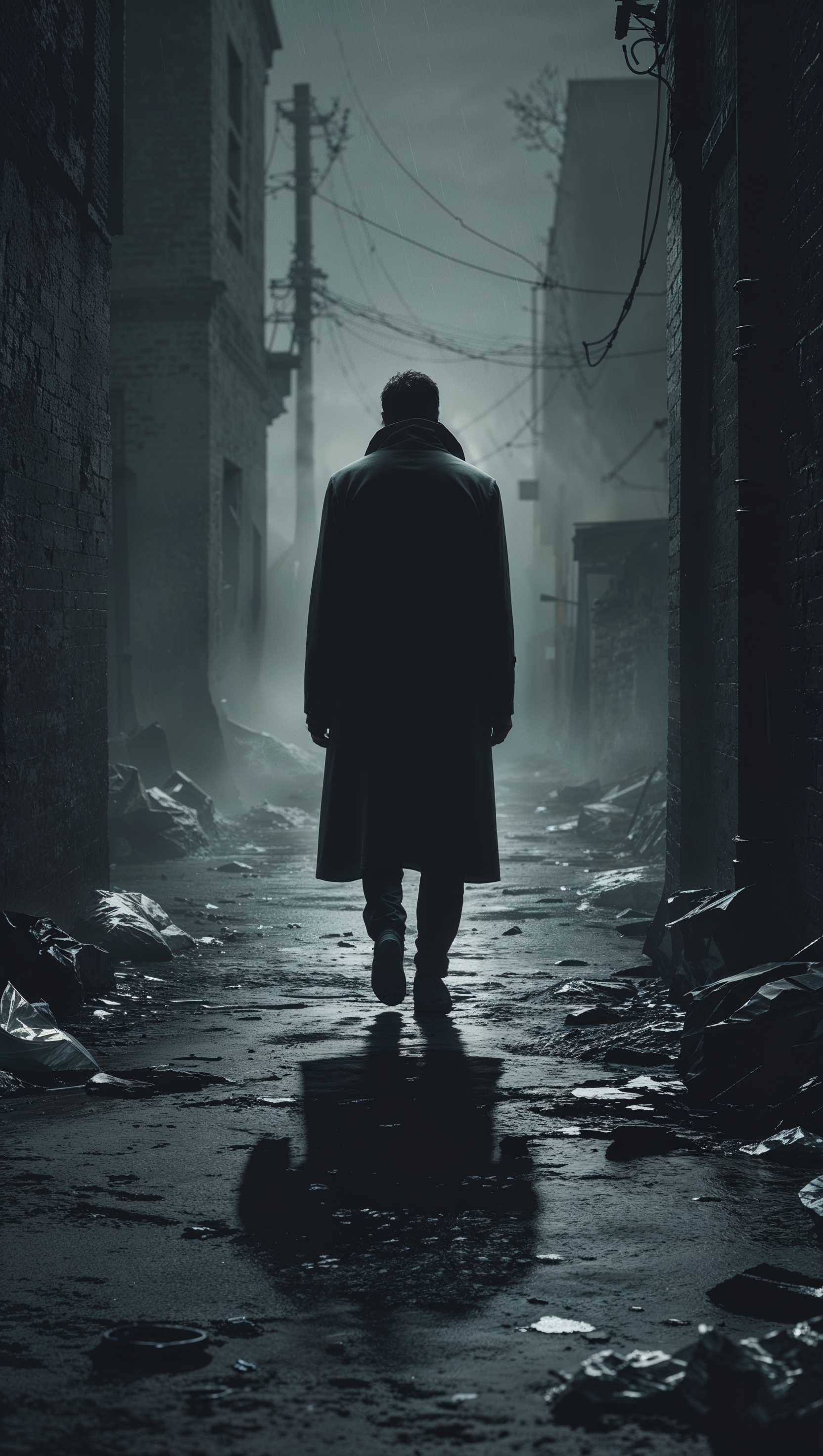 A fading shadow walking away in an alley, symbolic of isolation, iPhone wallpaper