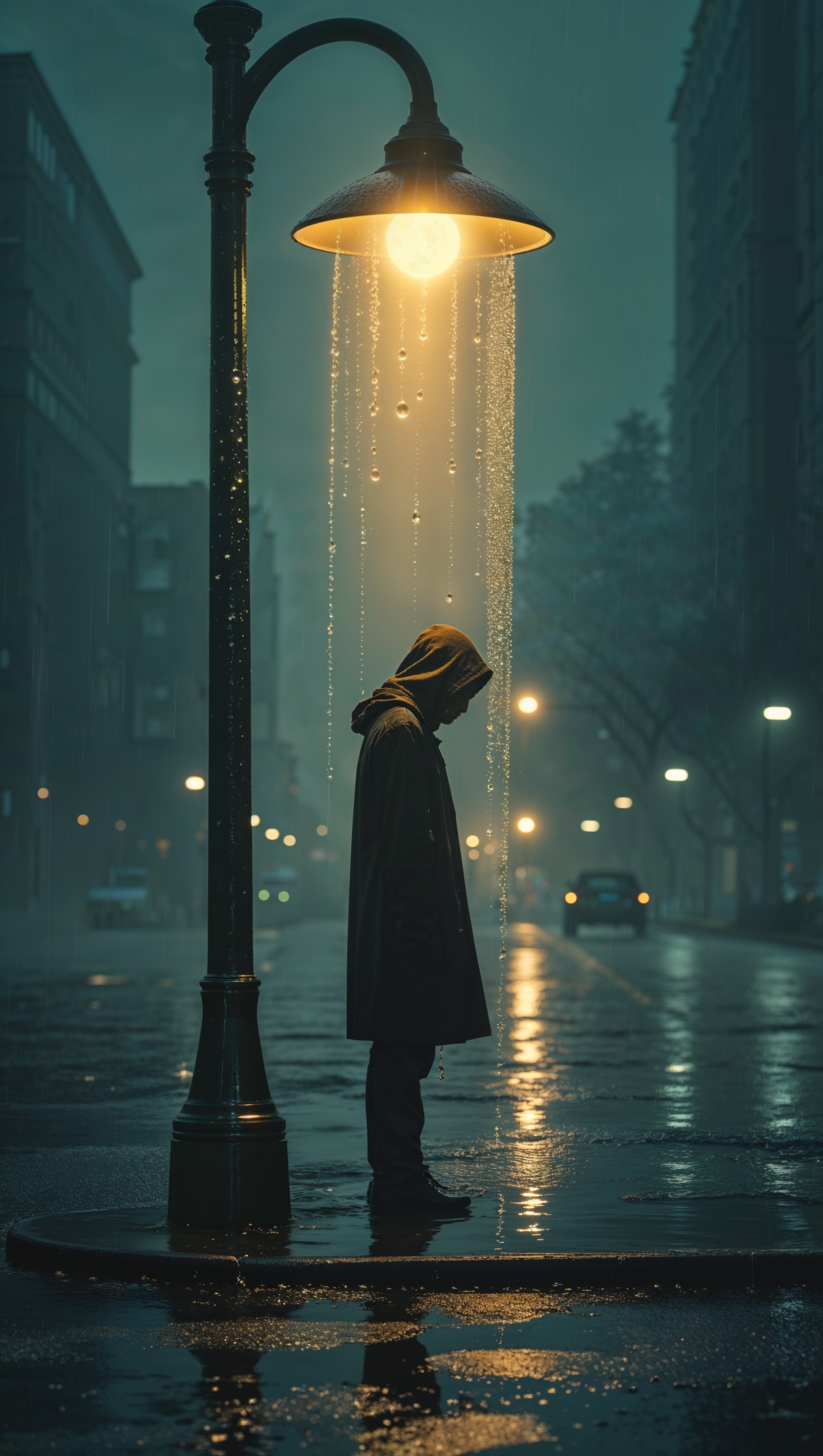 A lonely silhouette under a streetlight on a rainy night, iPhone wallpaper
