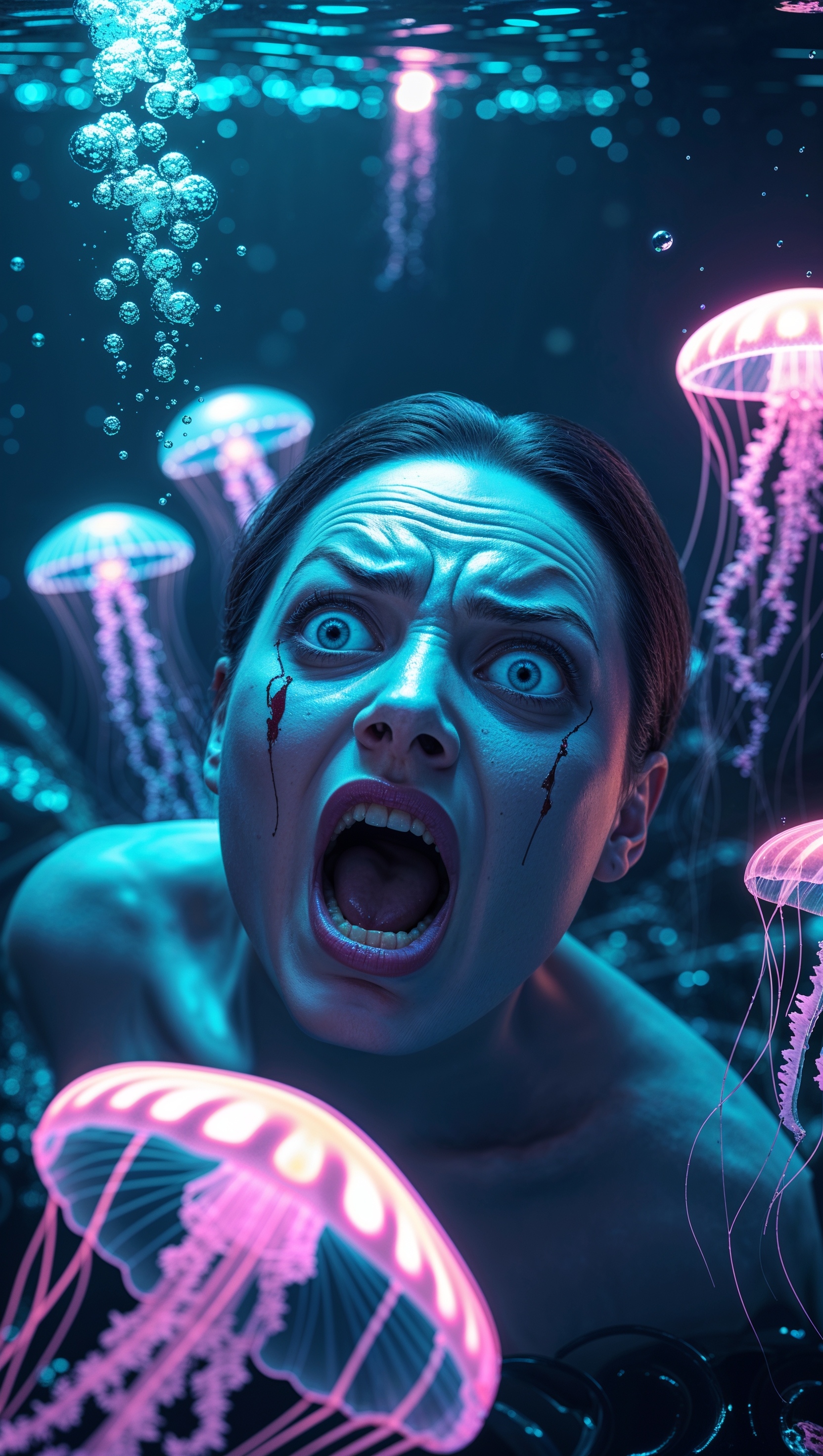 A person screaming silently underwater, digital surrealism, iPhone wallpaper