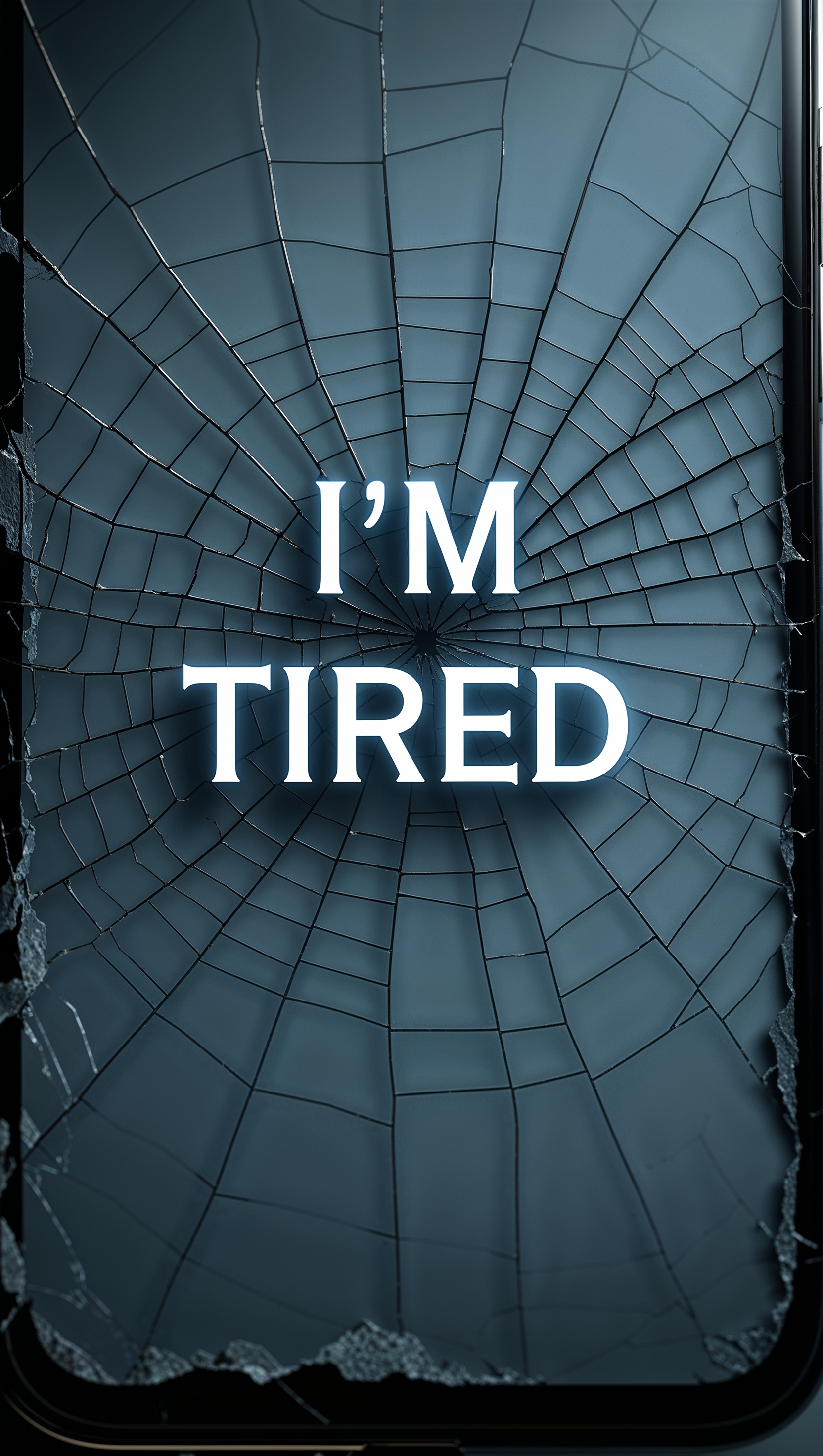 A cracked phone screen showing a message: 'I’m tired', iPhone wallpaper