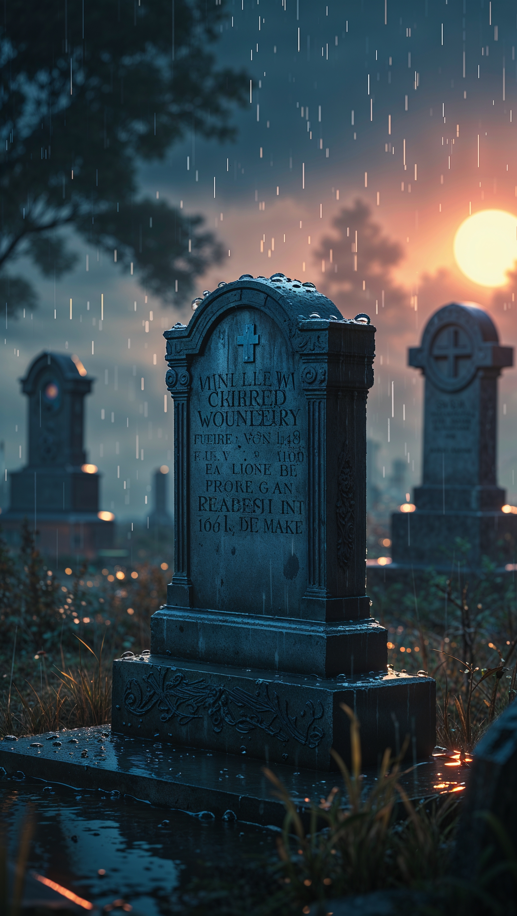 Rain falling over a lonely grave at dusk, realistic art, iPhone wallpaper
