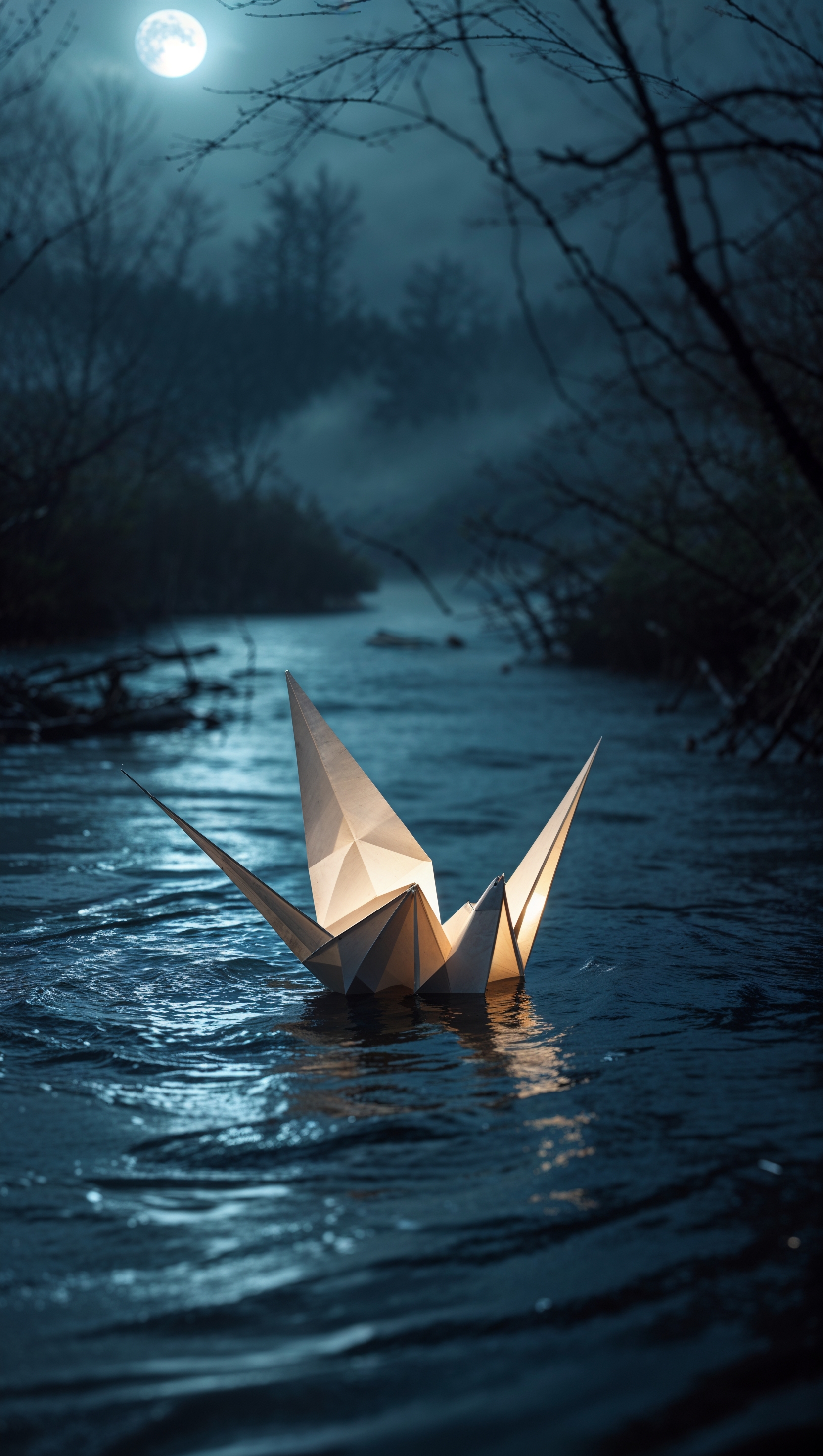 A paper crane floating in a dark river, concept of lost hope, iPhone wallpaper