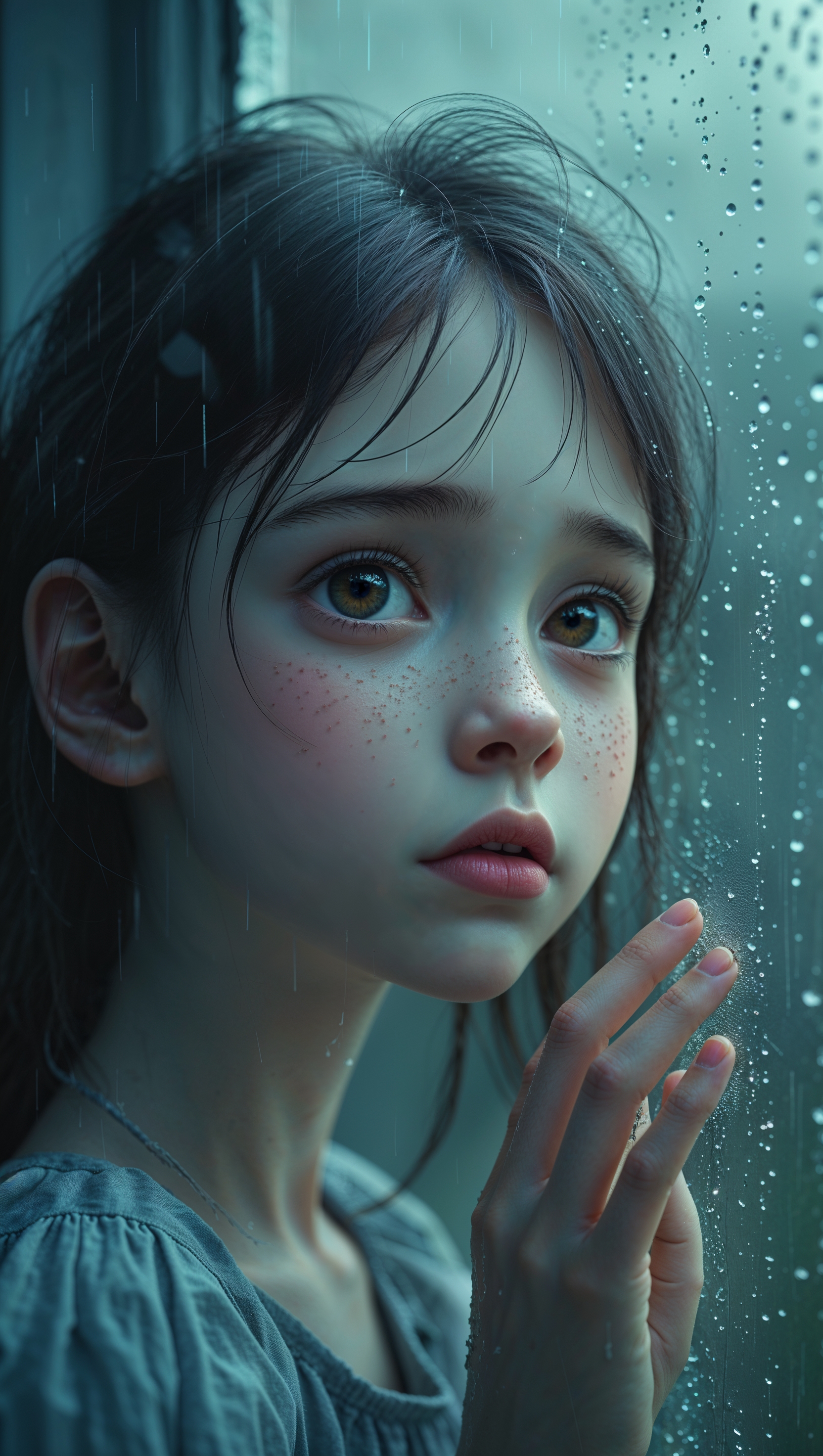 A sad girl looking out of a rainy window, cinematic mood, iPhone wallpaper