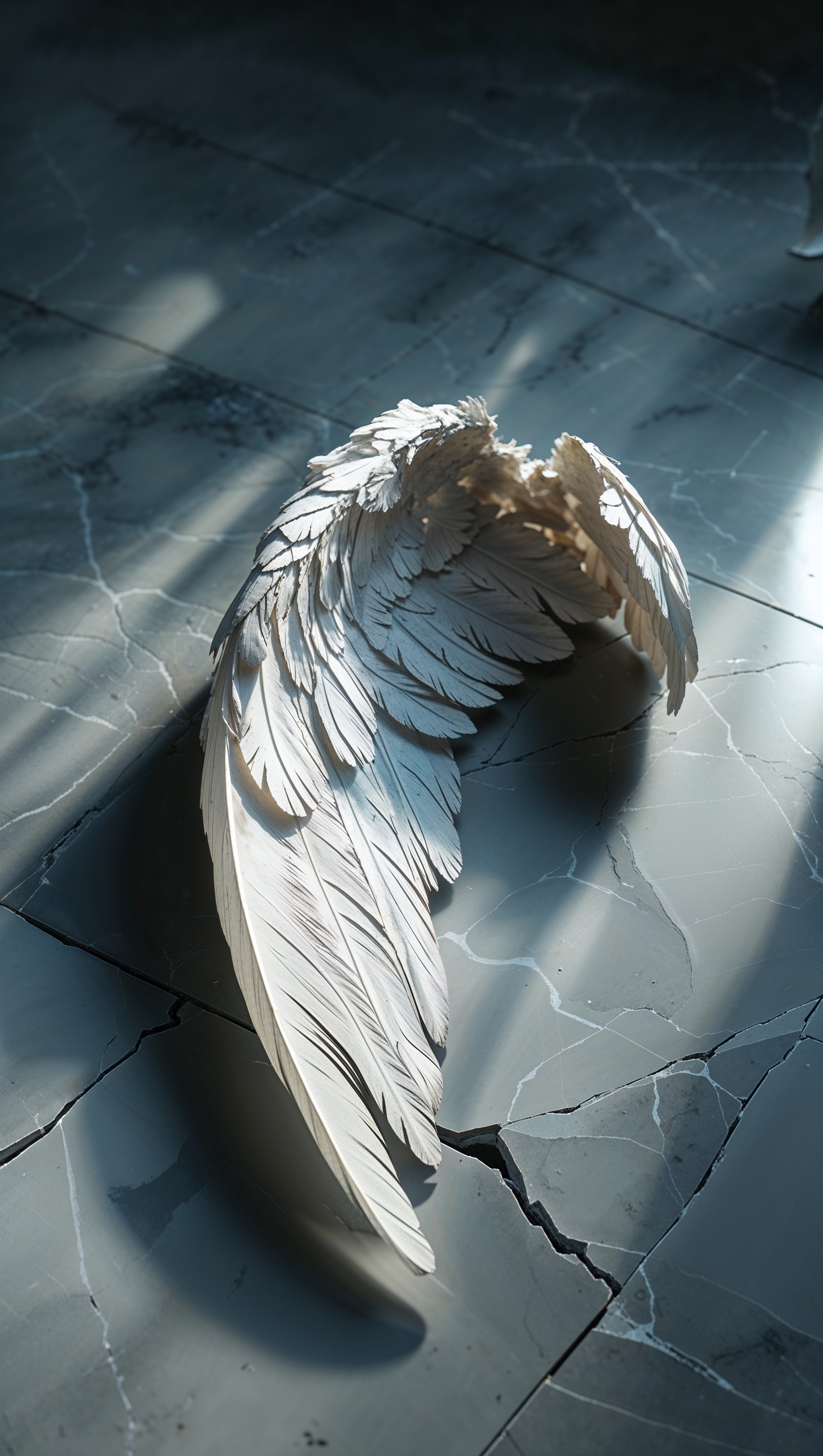 A cracked angel wing on a cold marble floor, symbolic sadness, iPhone wallpaper