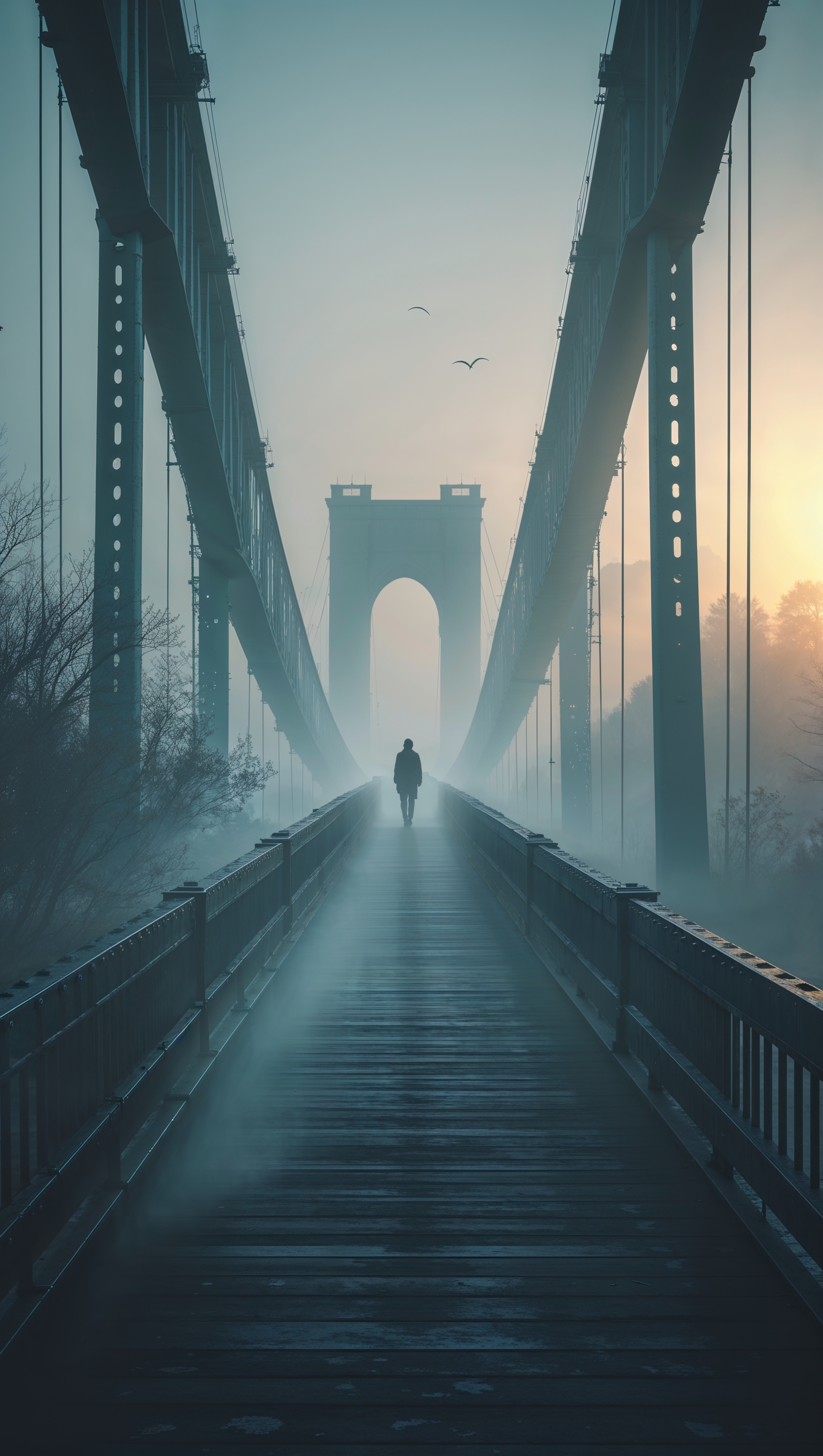 A foggy bridge at dawn, symbolic of loneliness and despair, iPhone wallpaper