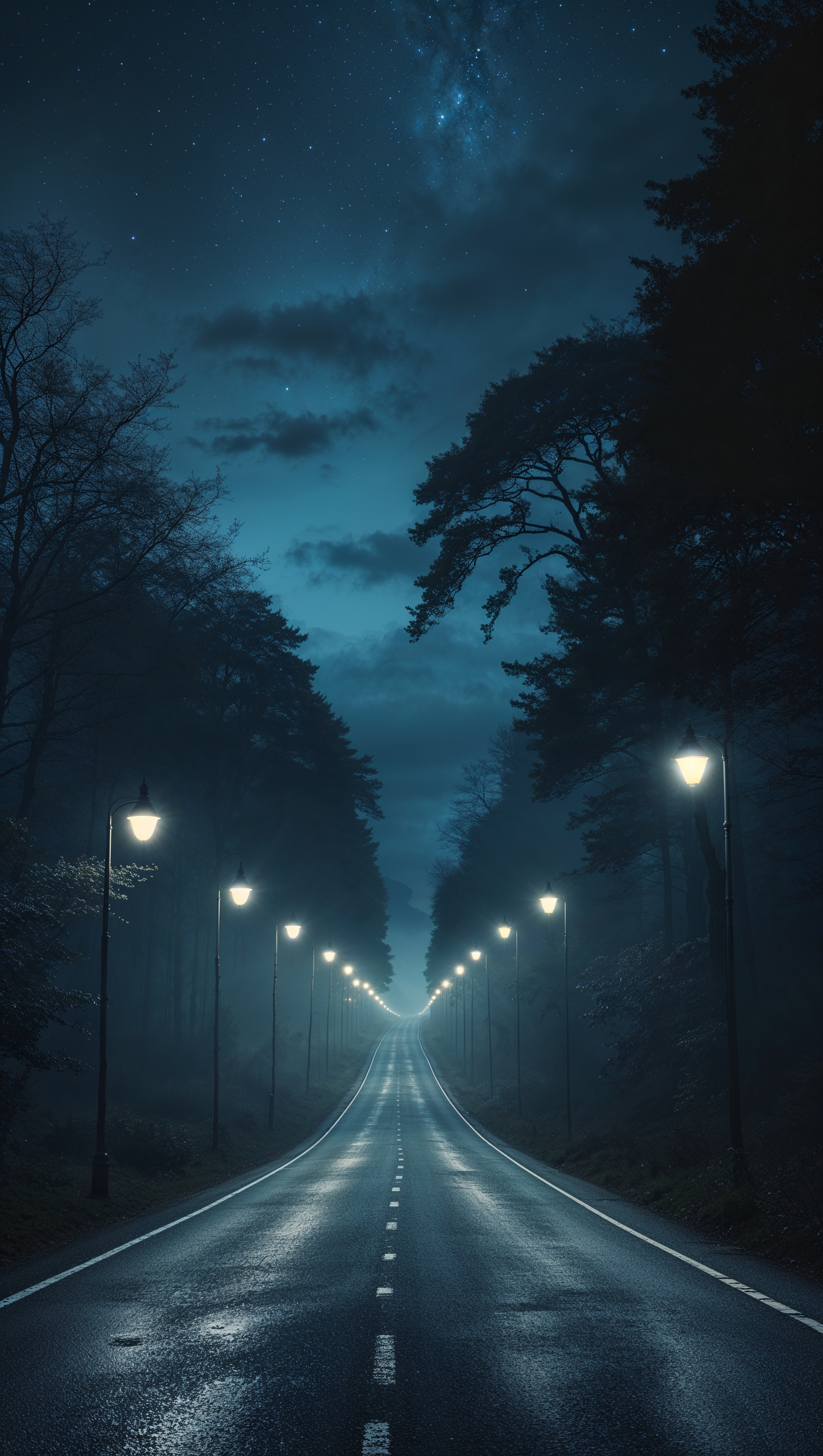 A lonely road disappearing into the night, misty and poetic, iPhone wallpaper