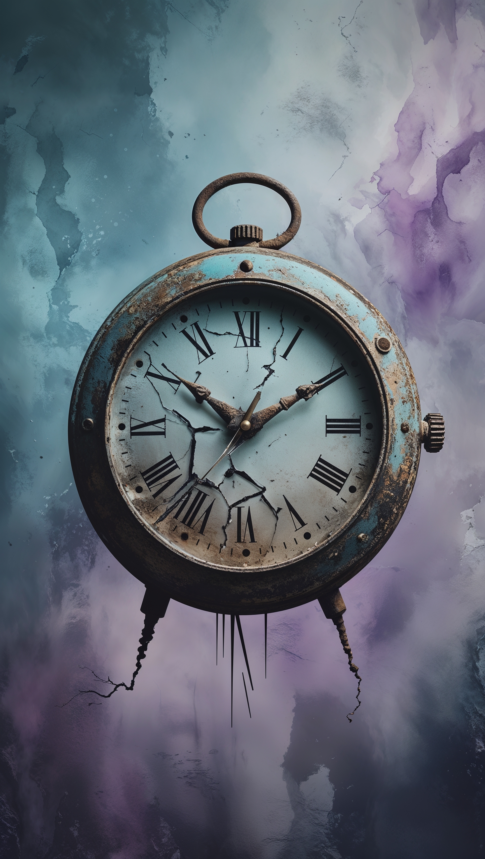 A symbolic clock with broken hands, time stopped, emotional wallpaper for iPhone