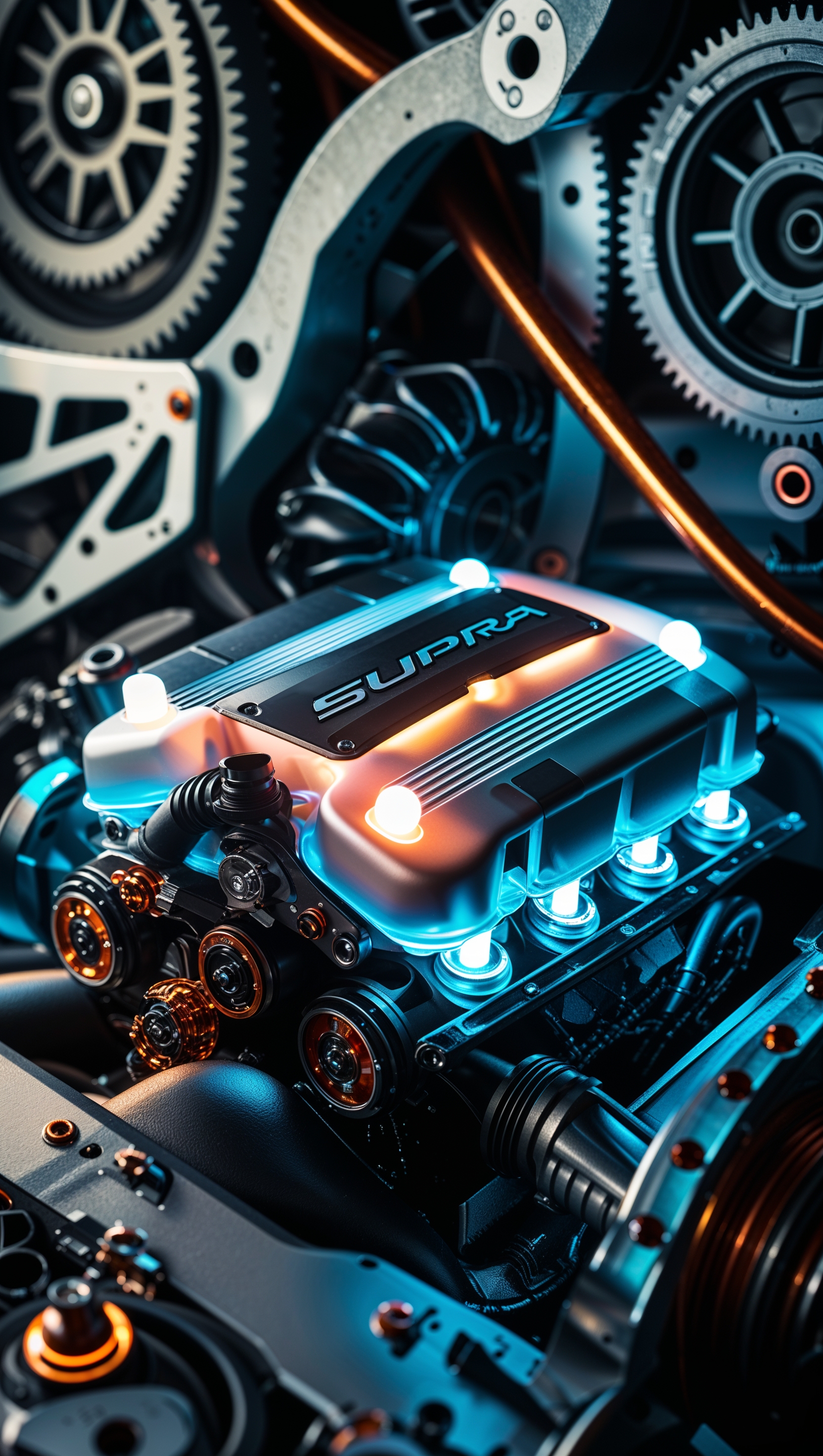 Supra engine close-up with glowing parts, mechanical wallpaper