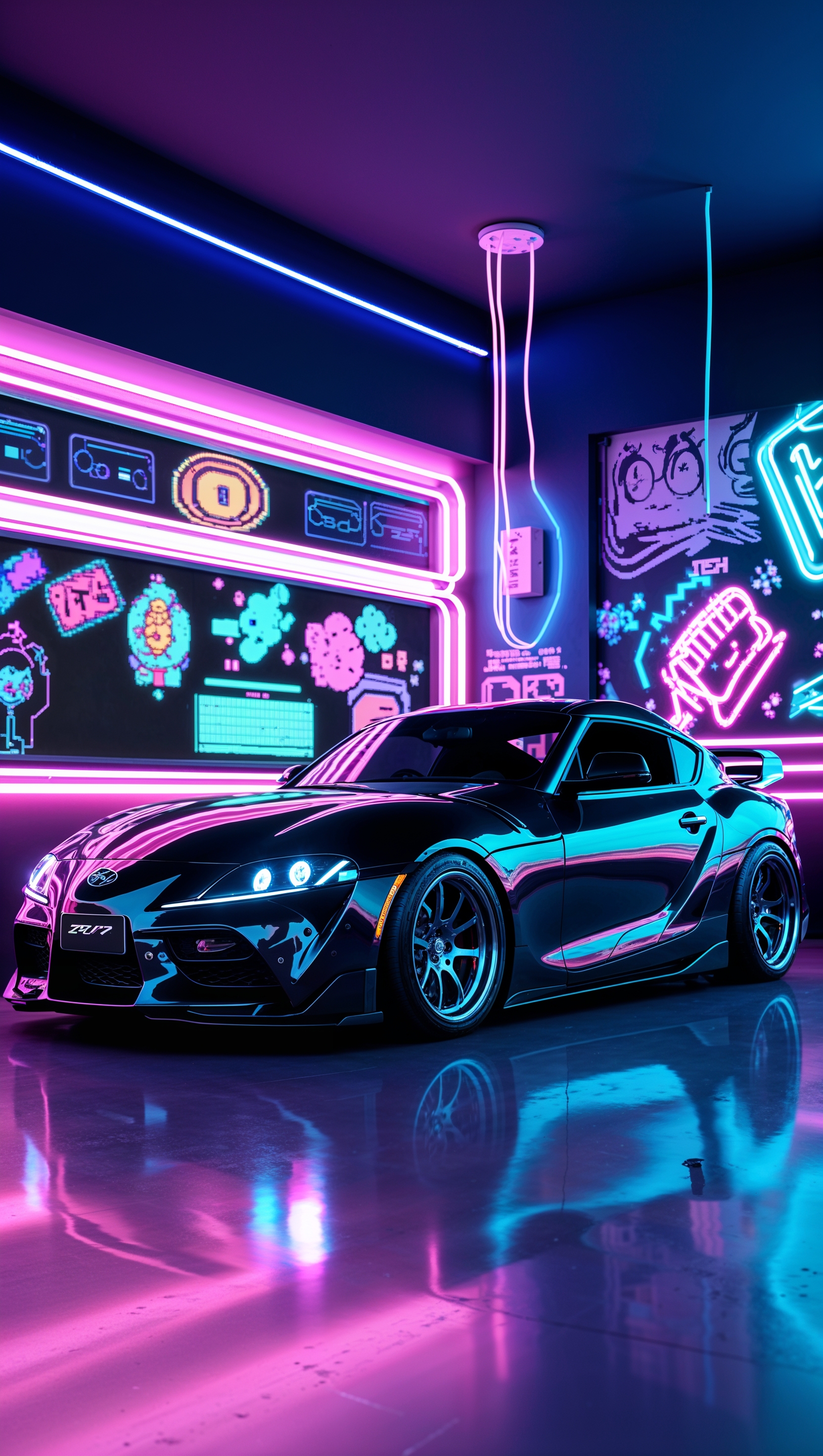 Toyota Supra MK4 in front of a neon arcade, vaporwave wallpaper