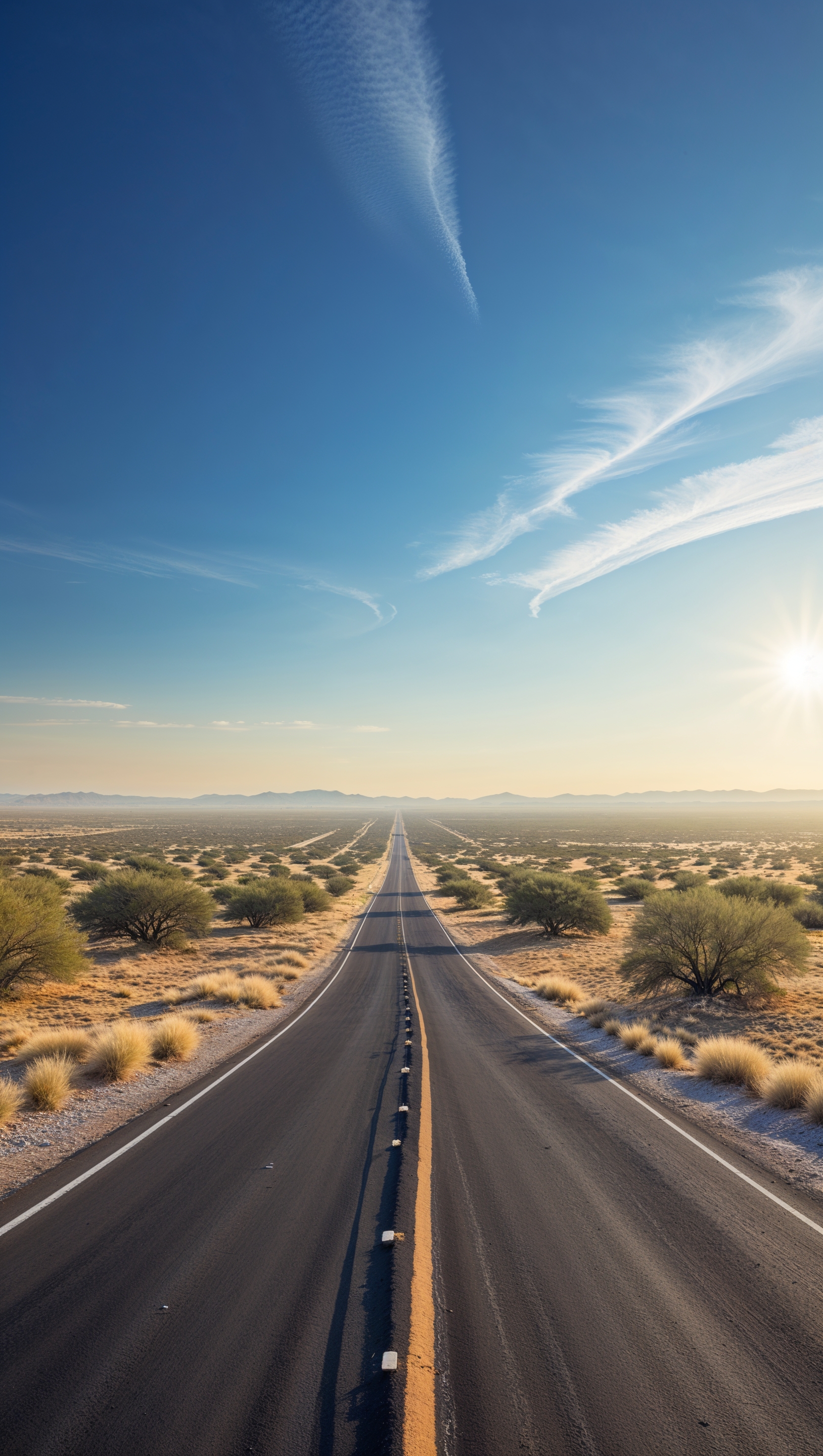 A long road in Texas under a bright blue sky