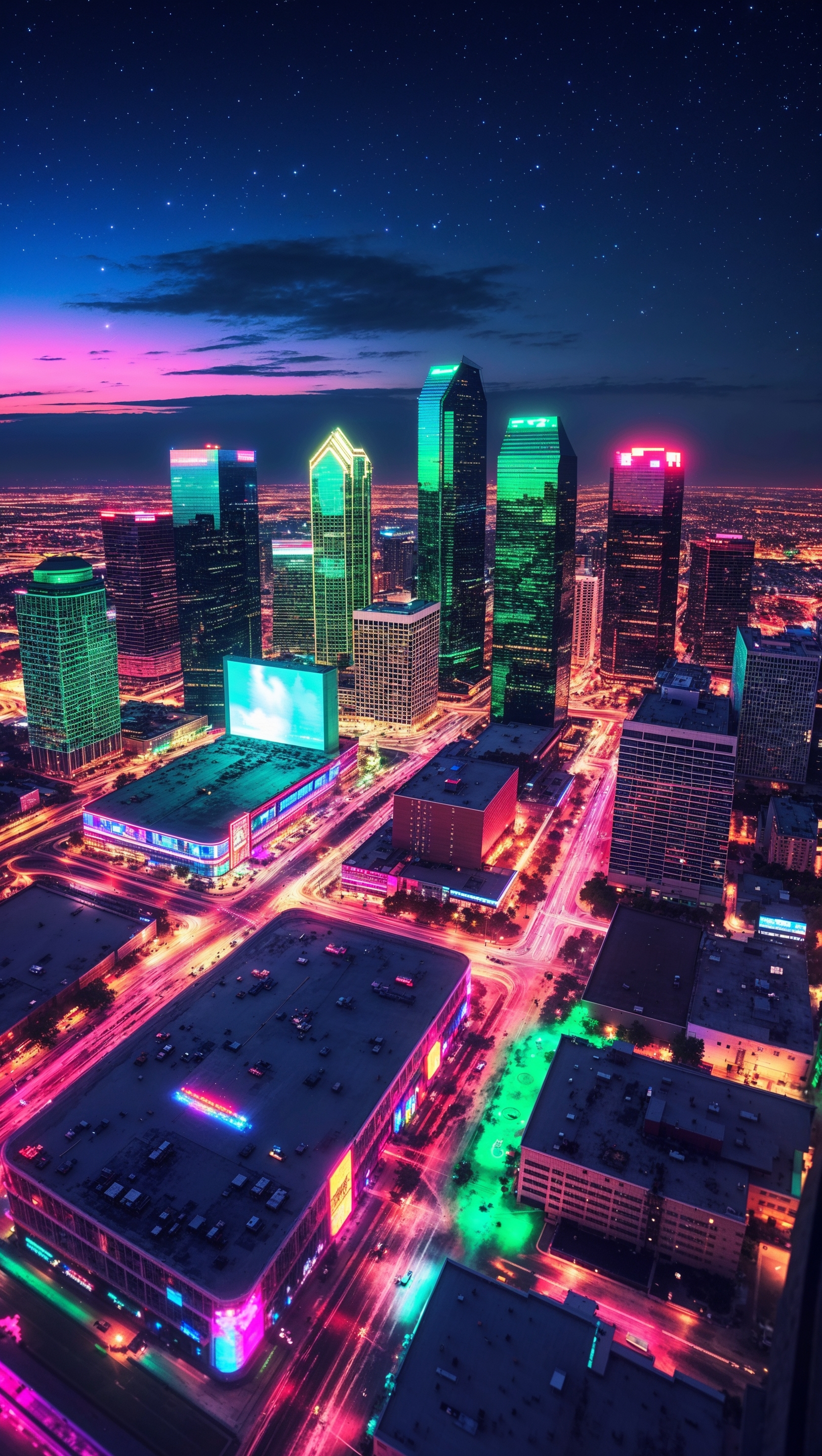 Night view of Dallas with neon lights, iPhone wallpaper
