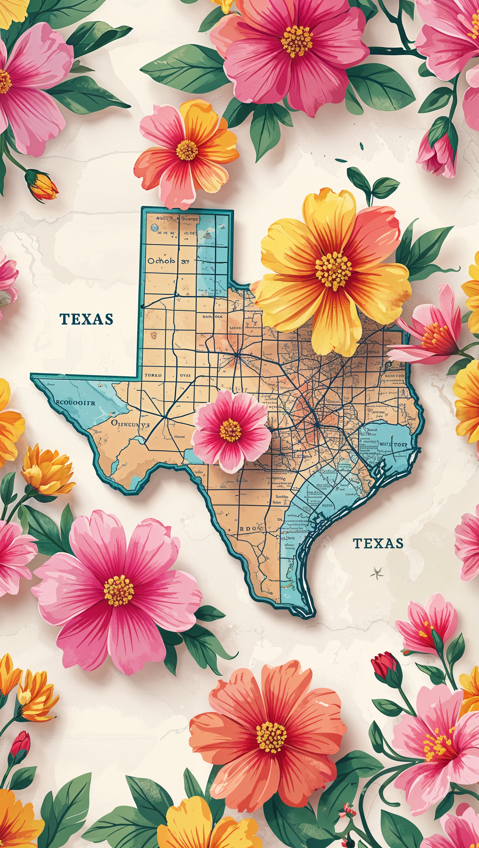 Wallpaper combining flowers and the map of Texas