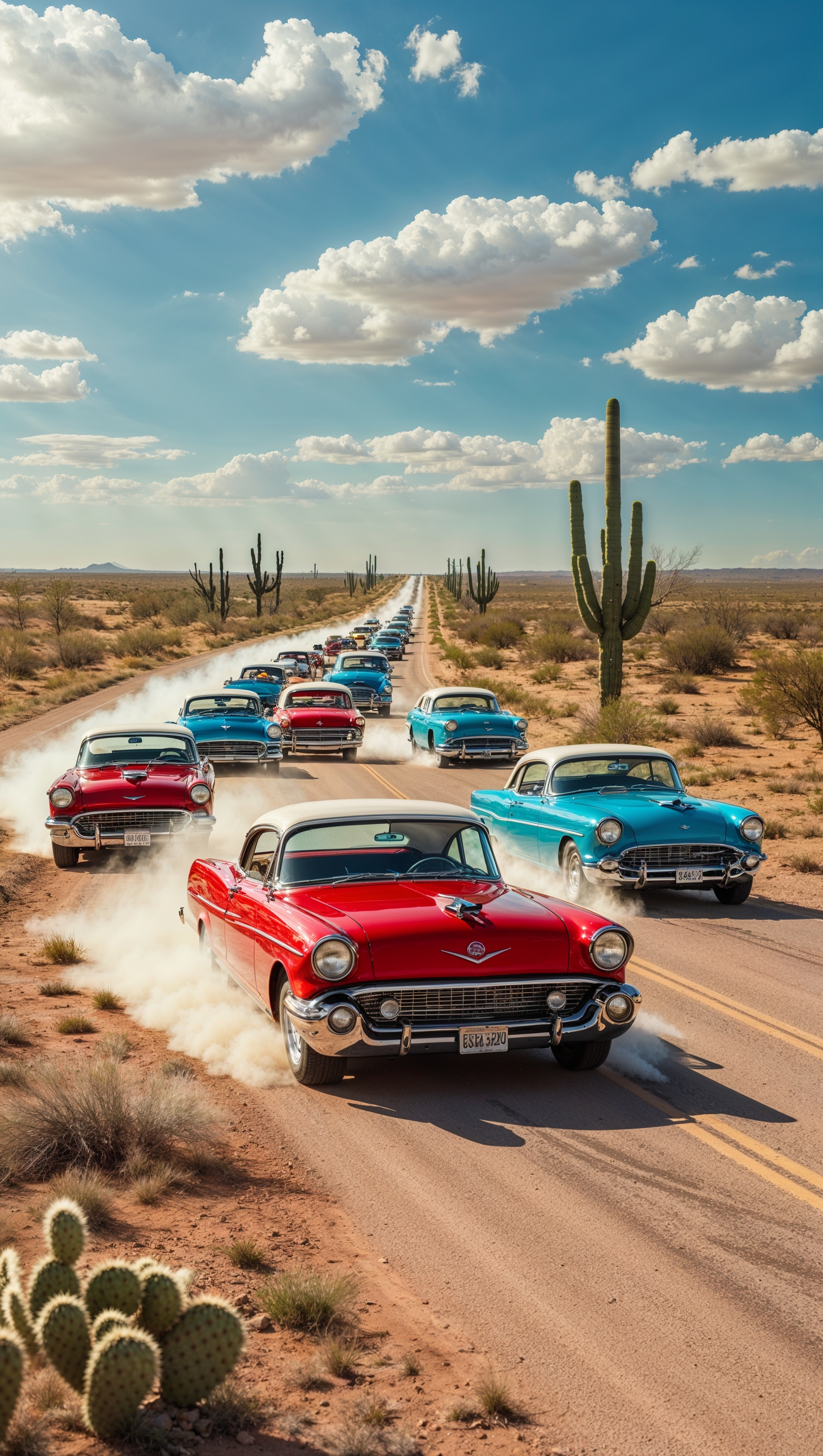 Classic cars on desert roads of Texas