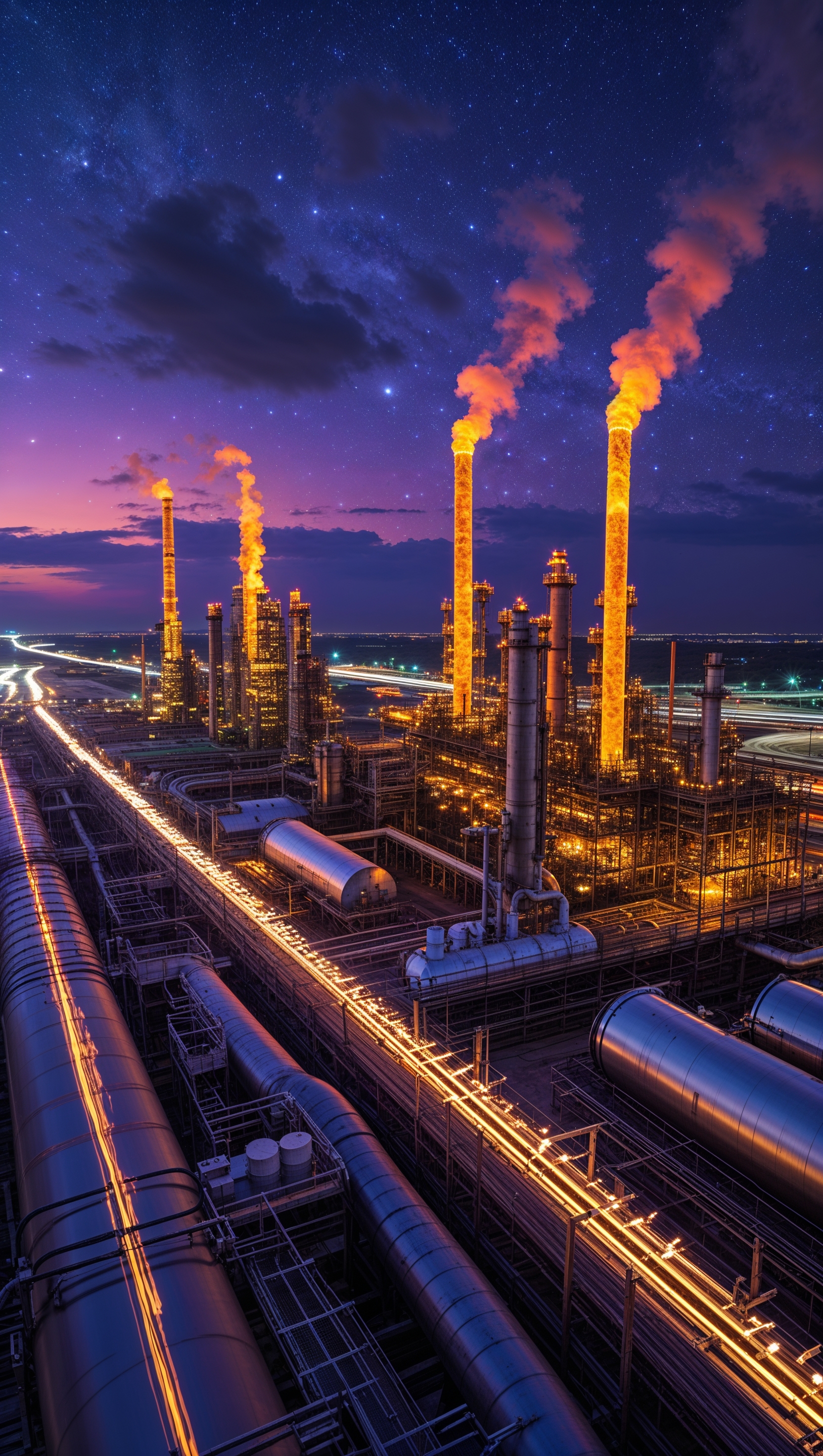 Night view of Texas oil refineries